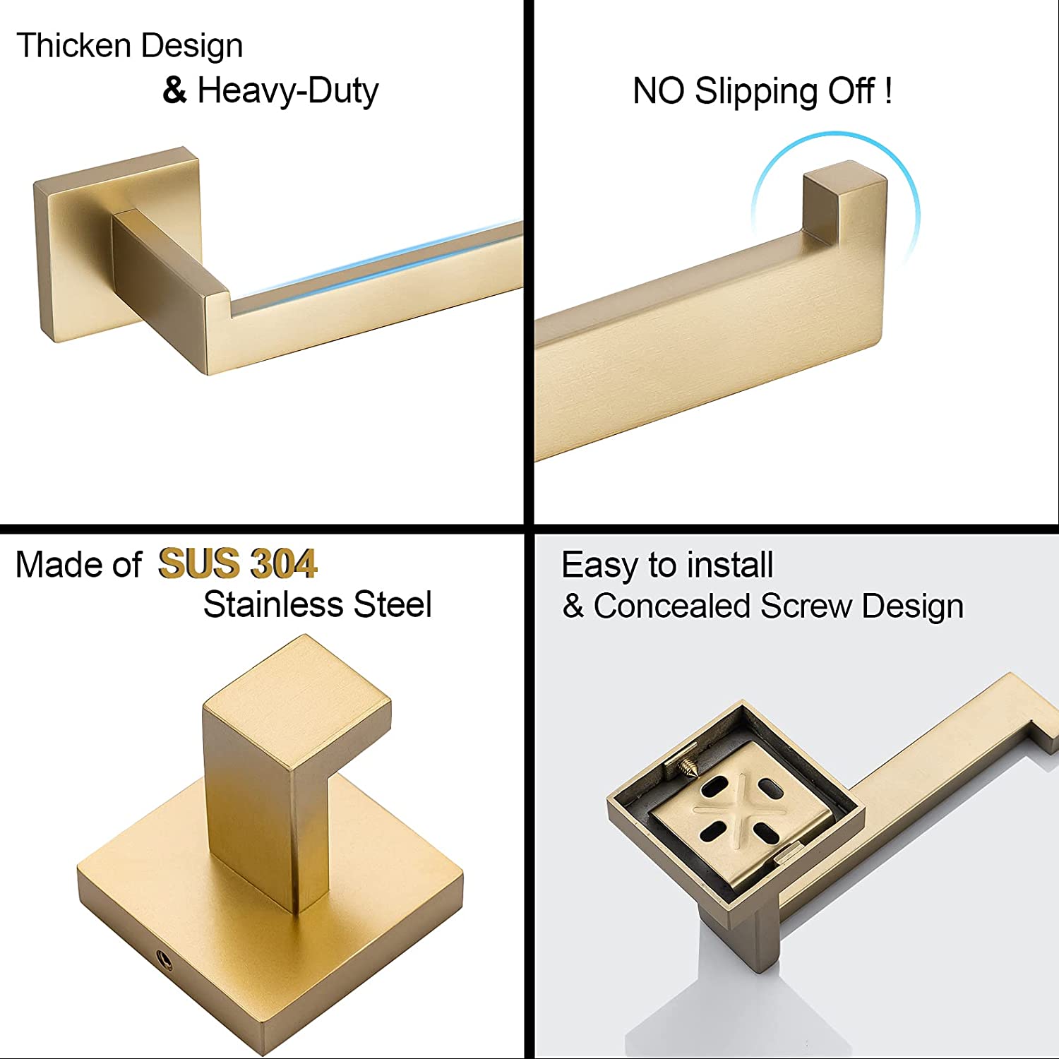 Juego de Accesorios de Baño de 5 Piezas en Color Dorado Cepillado - Barra Toallera, Porta Papel Higiénico y Gancho para Batas Incluidos A-91012-S-BG-1