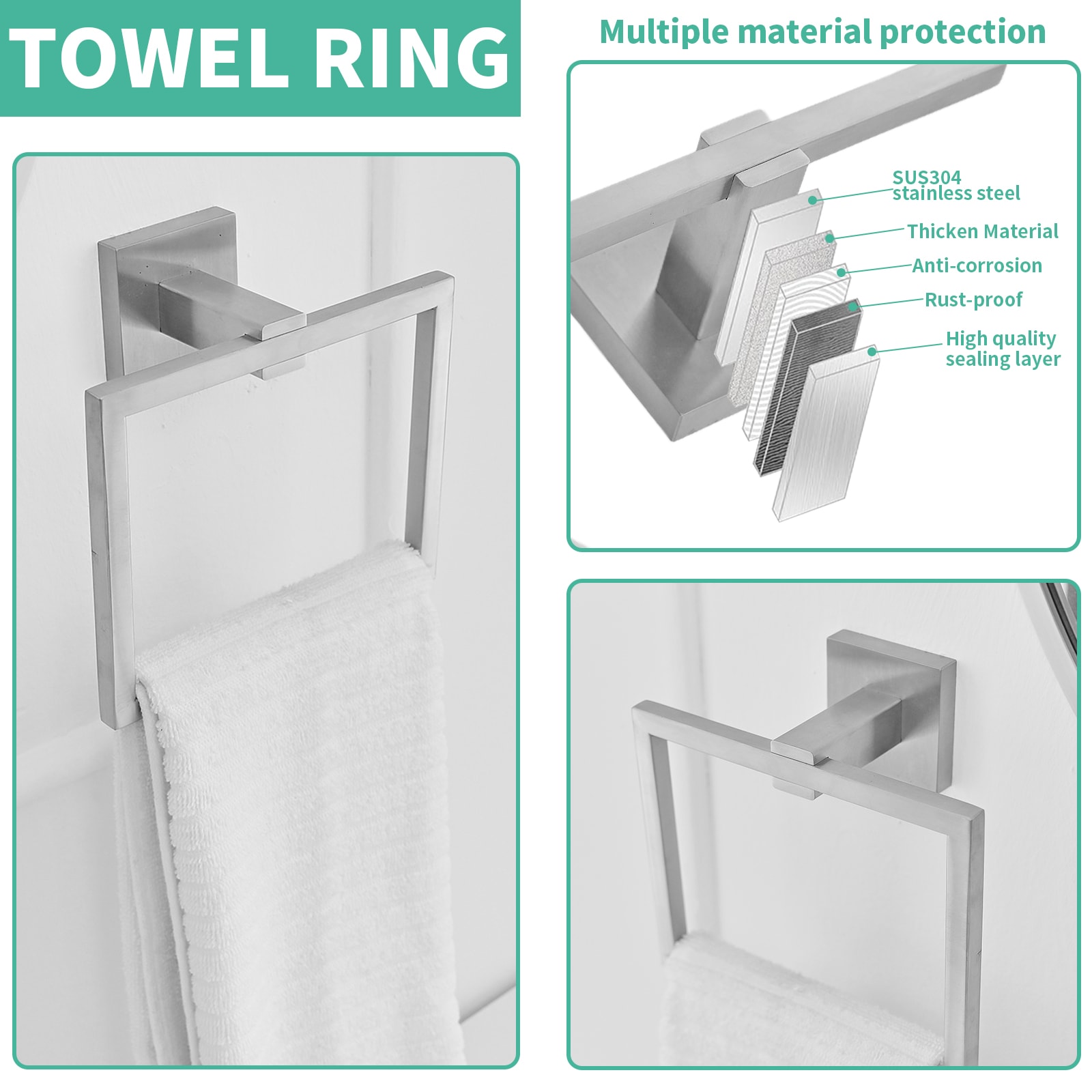 Juego de Accesorios para Baño de 4 Piezas en Cromo Pulido - Barra de Toallas, Porta Papel de Baño, Argolla para Toallas, Gancho para Batas incluido A-91002-C