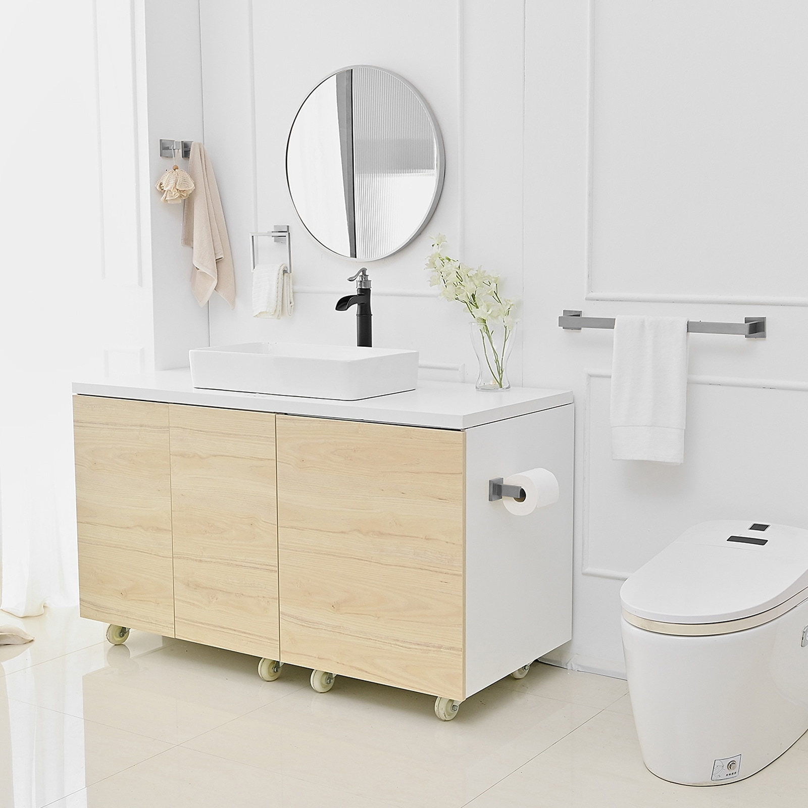 Juego de Accesorios para Baño de 4 Piezas en Cromo Pulido - Barra de Toallas, Porta Papel de Baño, Argolla para Toallas, Gancho para Batas incluido A-91002-C