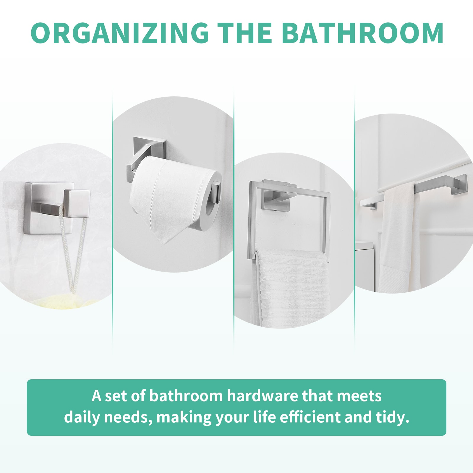 Juego de Accesorios para Baño de 4 Piezas en Cromo Pulido - Barra de Toallas, Porta Papel de Baño, Argolla para Toallas, Gancho para Batas incluido A-91002-C