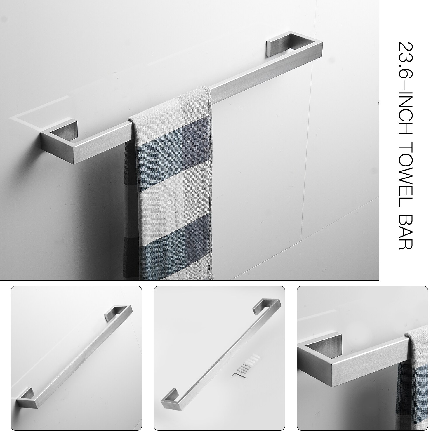 Juego de Accesorios Decorativos para Baño de Níquel Cepillado, Incluye Barra de Toallas, Porta Papel Higiénico y Gancho para Batas de 4 Piezas BWE A-91001-N