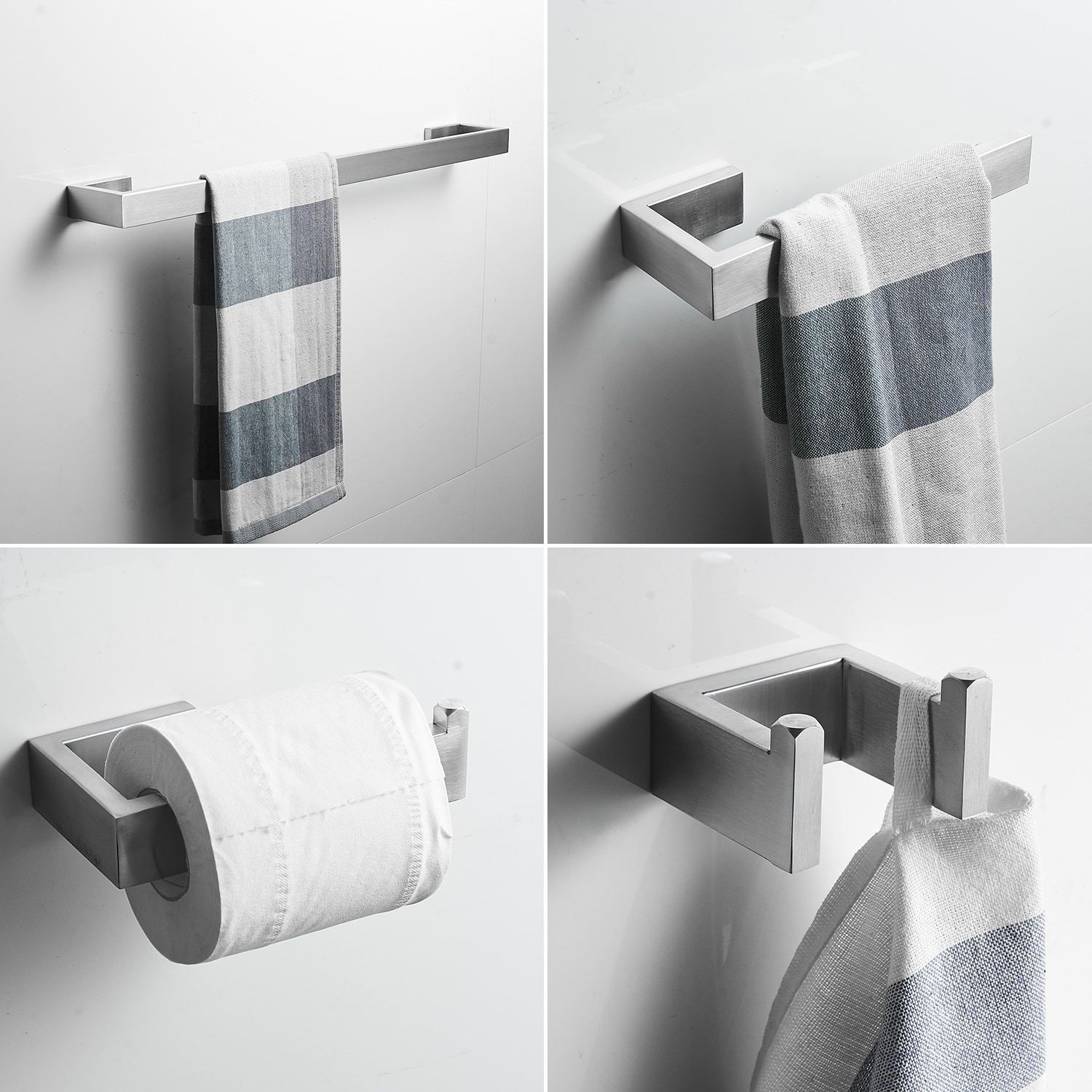 Juego de Accesorios Decorativos para Baño de Níquel Cepillado, Incluye Barra de Toallas, Porta Papel Higiénico y Gancho para Batas de 4 Piezas BWE A-91001-N
