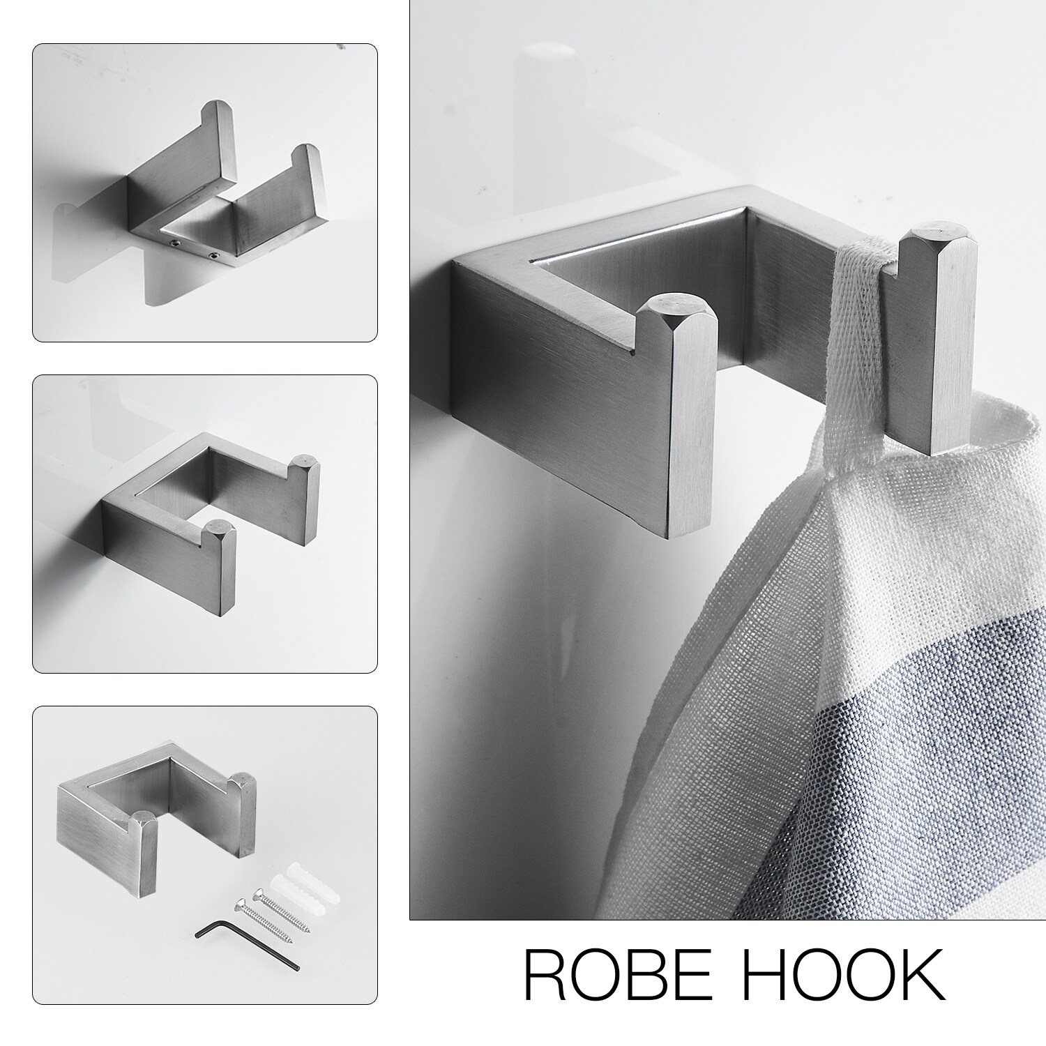 Juego de Accesorios Decorativos para Baño de Níquel Cepillado, Incluye Barra de Toallas, Porta Papel Higiénico y Gancho para Batas de 4 Piezas BWE A-91001-N