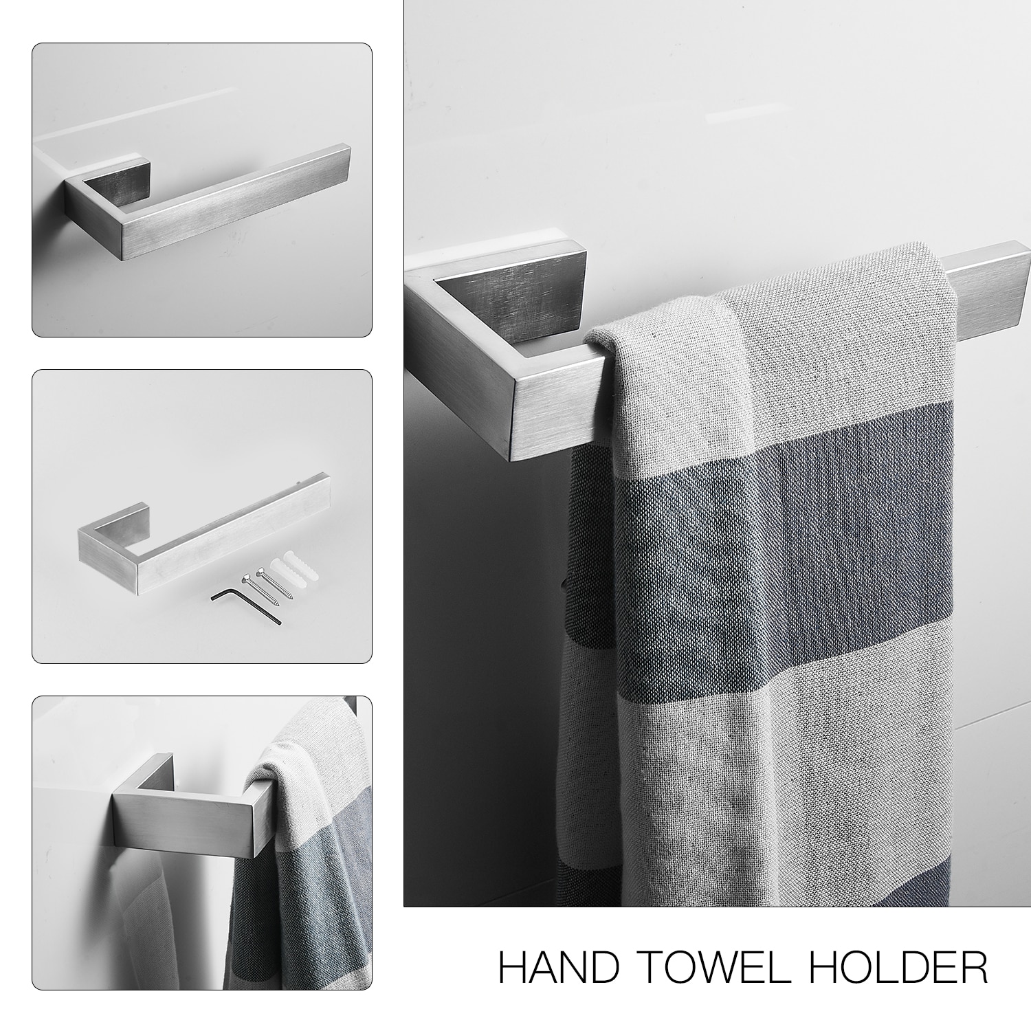 Juego de Accesorios Decorativos para Baño de Níquel Cepillado, Incluye Barra de Toallas, Porta Papel Higiénico y Gancho para Batas de 4 Piezas BWE A-91001-N