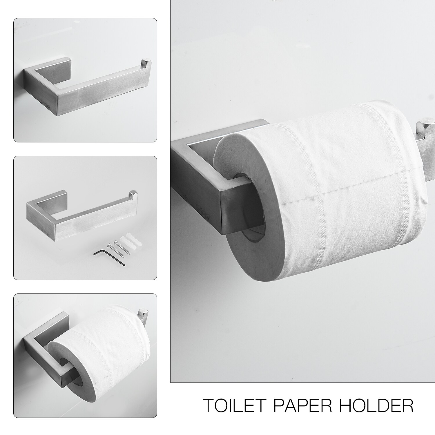Juego de Accesorios Decorativos para Baño de Níquel Cepillado, Incluye Barra de Toallas, Porta Papel Higiénico y Gancho para Batas de 4 Piezas BWE A-91001-N