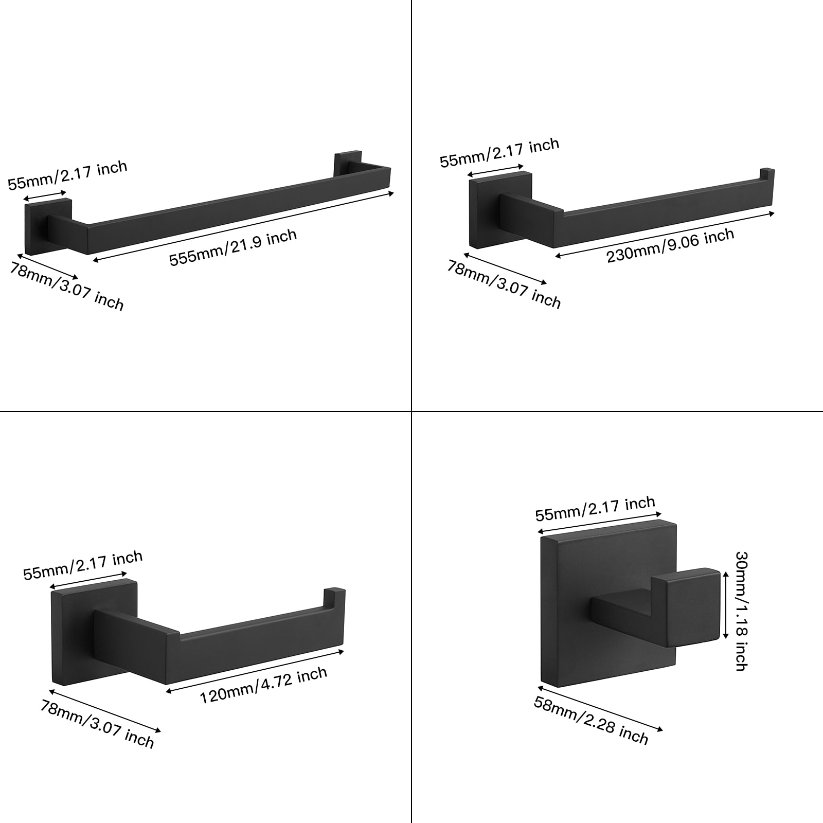 Juego de Accesorios para Baño de 5 Piezas en Negro Mate - Incluye Barra para Toallas, Portarrollos y Gancho para Batas - Modelo A-91012-S-NEGRO-1