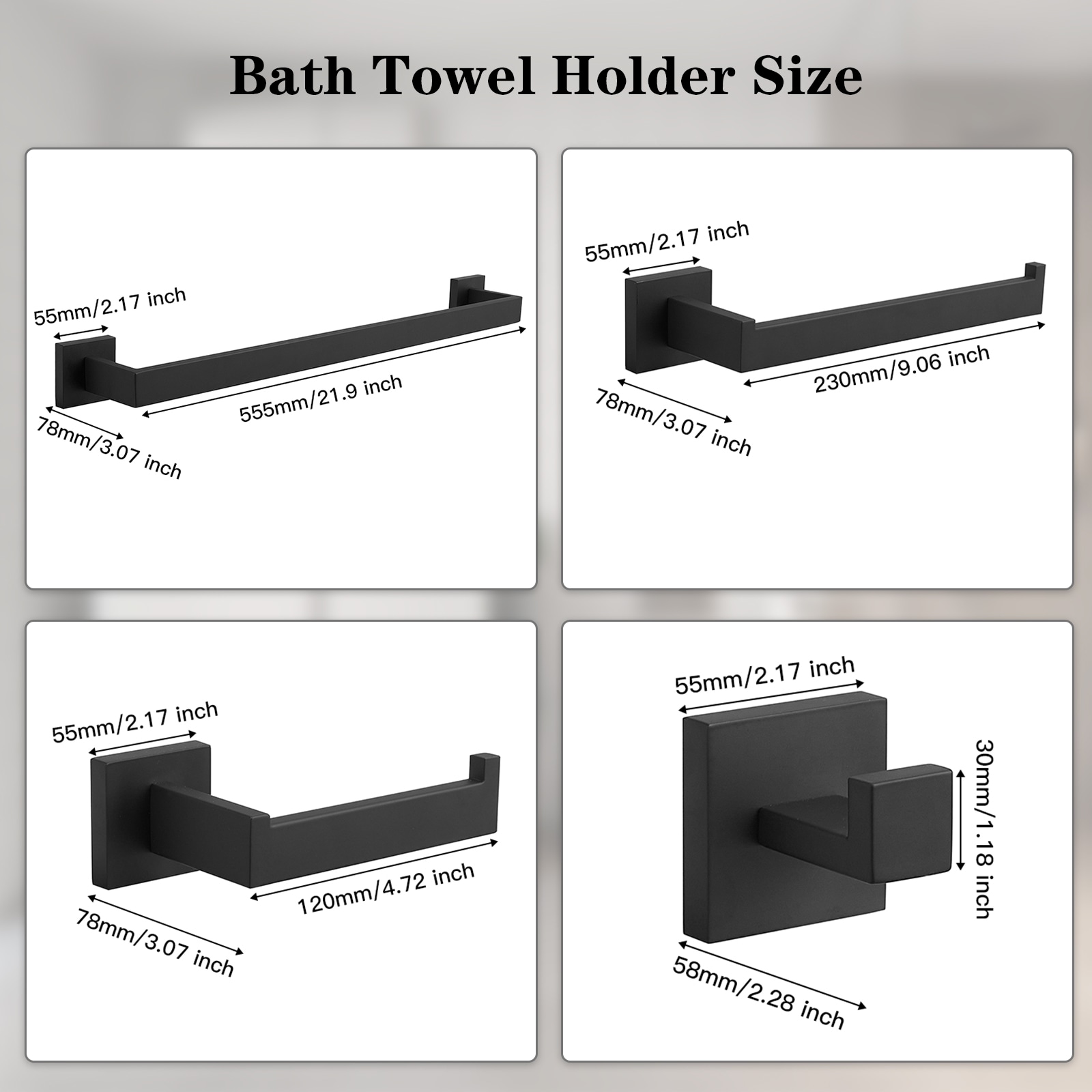 Juego de Accesorios para Baño de 5 Piezas en Negro Mate - Incluye Barra para Toallas, Portarrollos y Gancho para Batas - Modelo A-91012-S-NEGRO-1