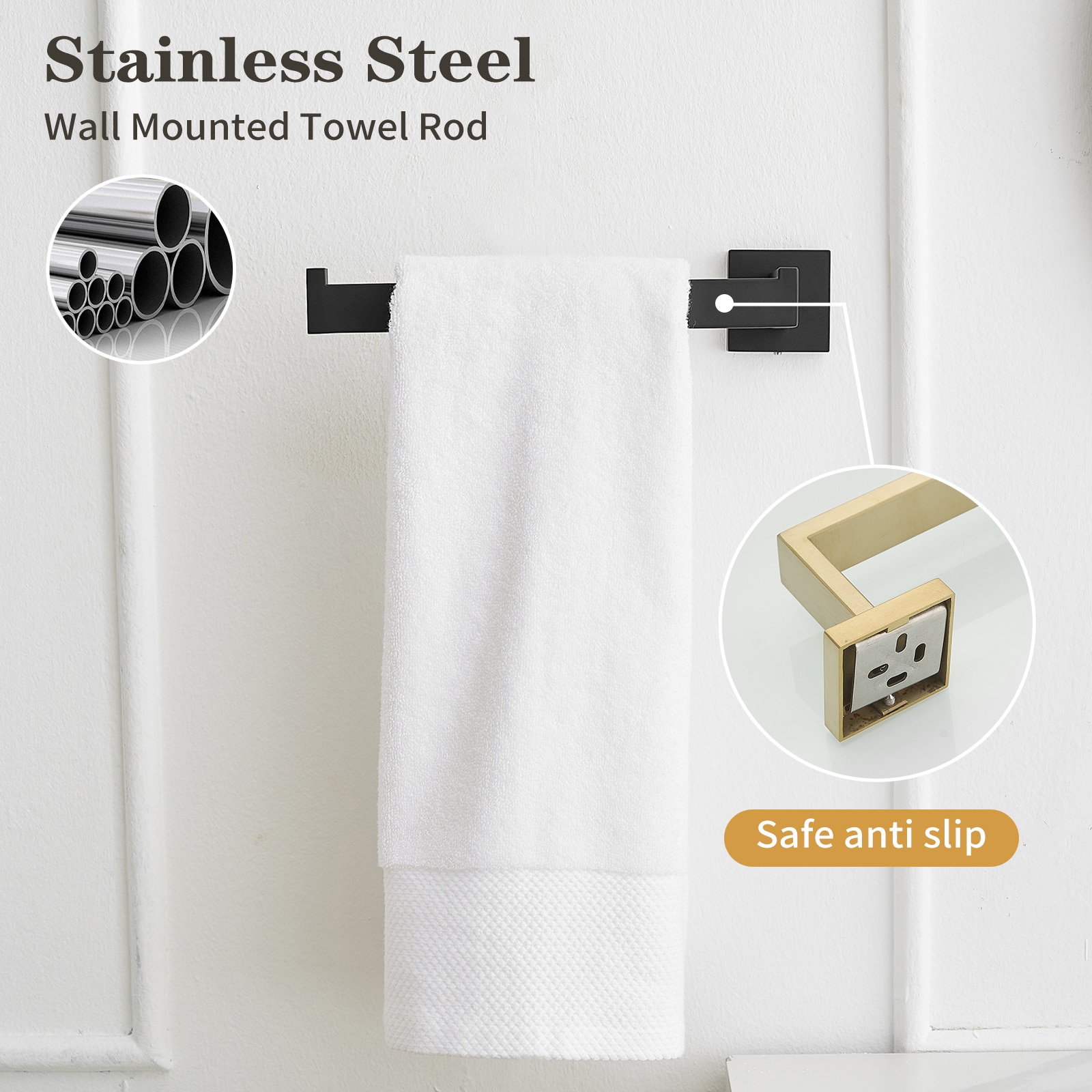 Juego de Accesorios para Baño de 5 Piezas en Negro Mate - Incluye Barra para Toallas, Portarrollos y Gancho para Batas - Modelo A-91012-S-NEGRO-1