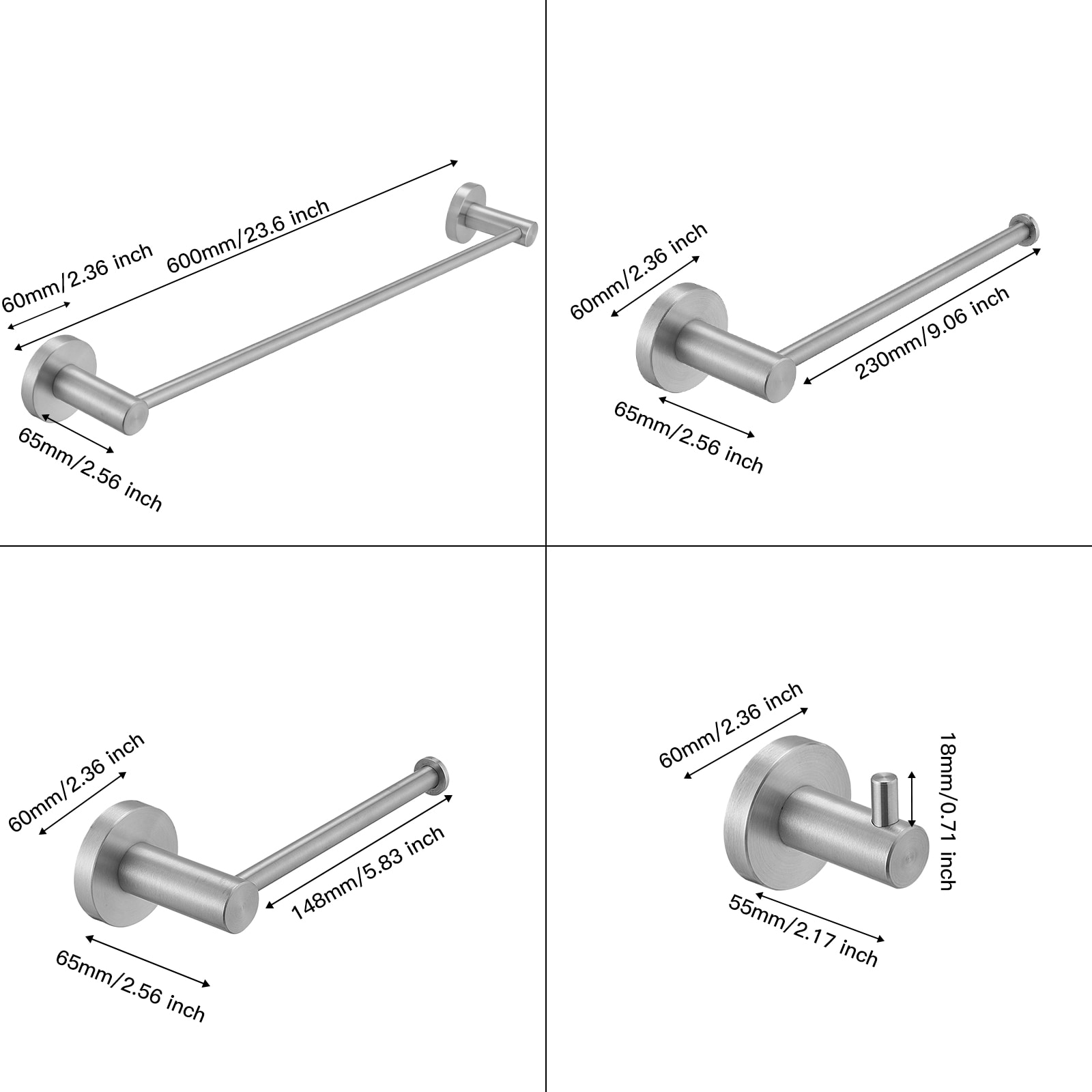 Juego de Accesorios de Baño Decorativos en Níquel Cepillado de 5 Piezas para Baño - Barra de Toalla, Portarrollos y Gancho para Bata incluidos A-91013-S-N-1