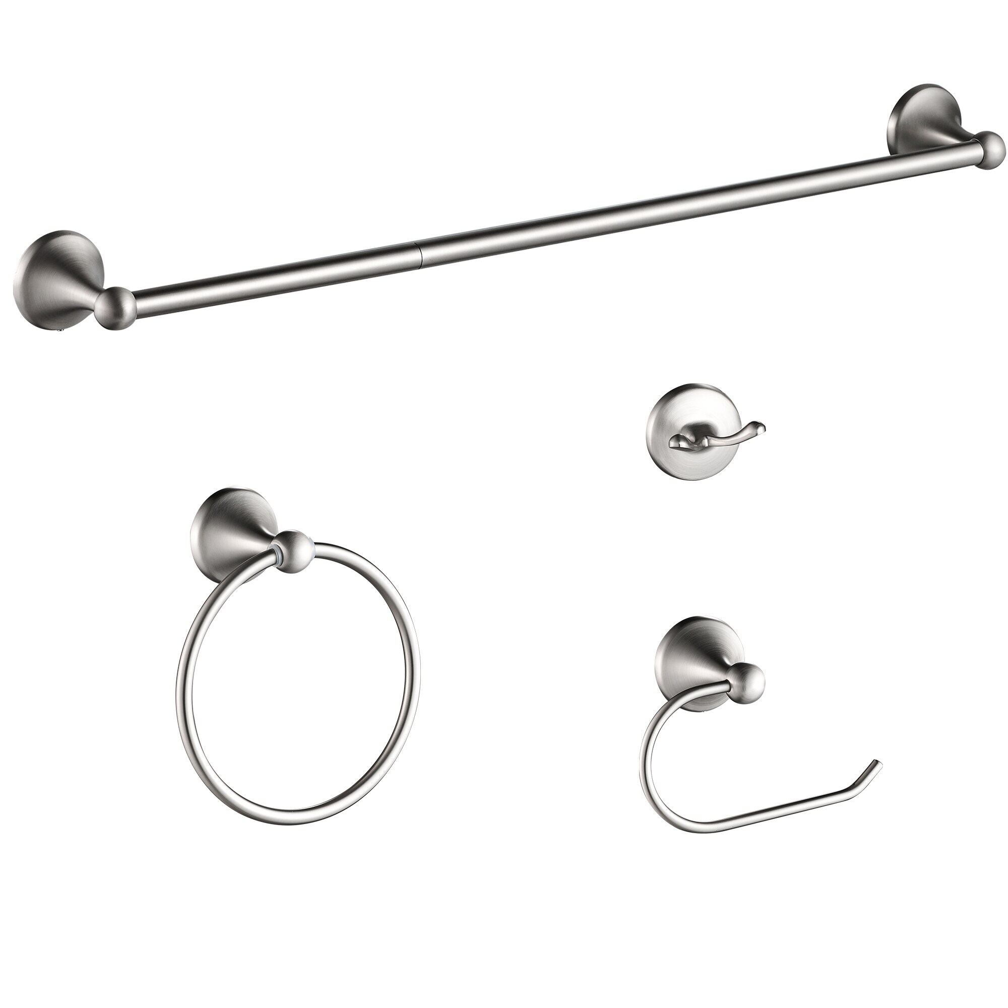 Juego de accesorios decorativos para baño de 4 piezas en níquel cepillado - Barra para toallas, porta papel higiénico, anillo para toallas y gancho para batas incluidos LL19102BN4A