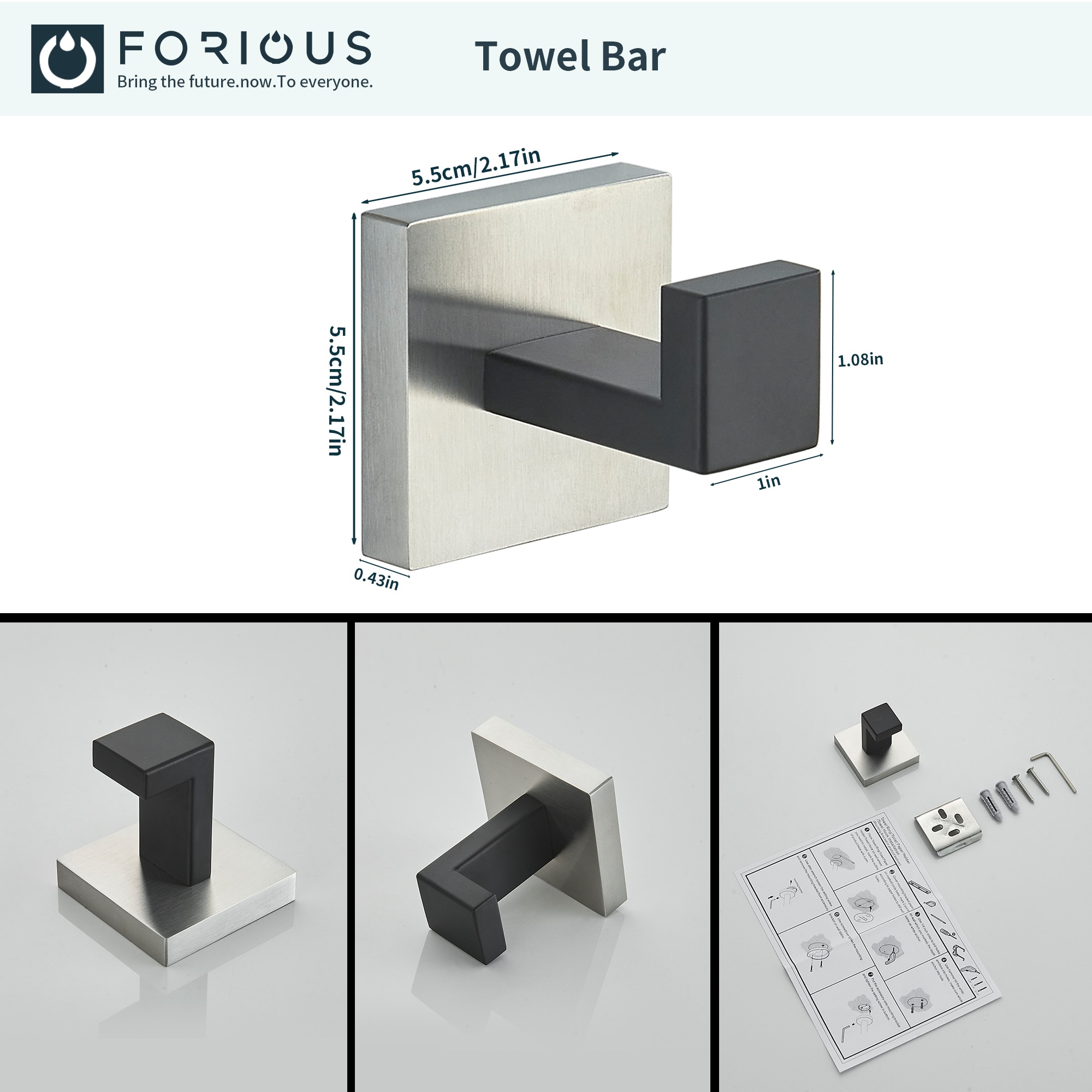 Juego de 5 piezas de herrajes decorativos para baño en negro/cepillado que incluye barra de toallas, portarrollos y gancho para batas.