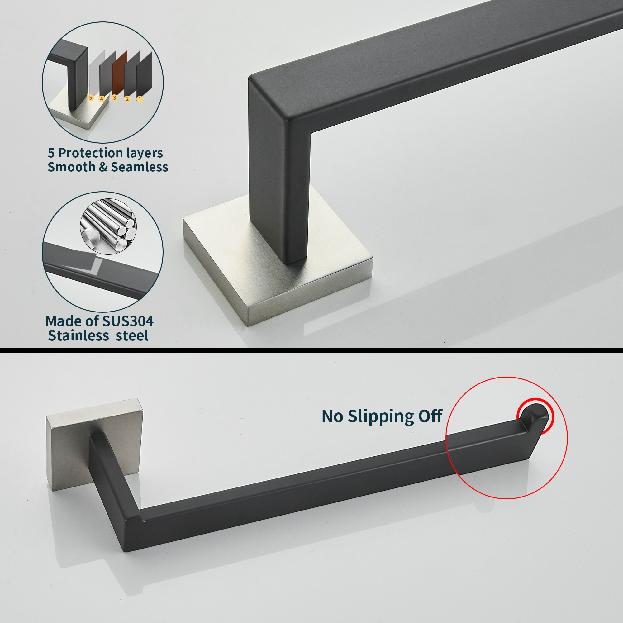 Juego de 5 piezas de herrajes decorativos para baño en negro/cepillado que incluye barra de toallas, portarrollos y gancho para batas.