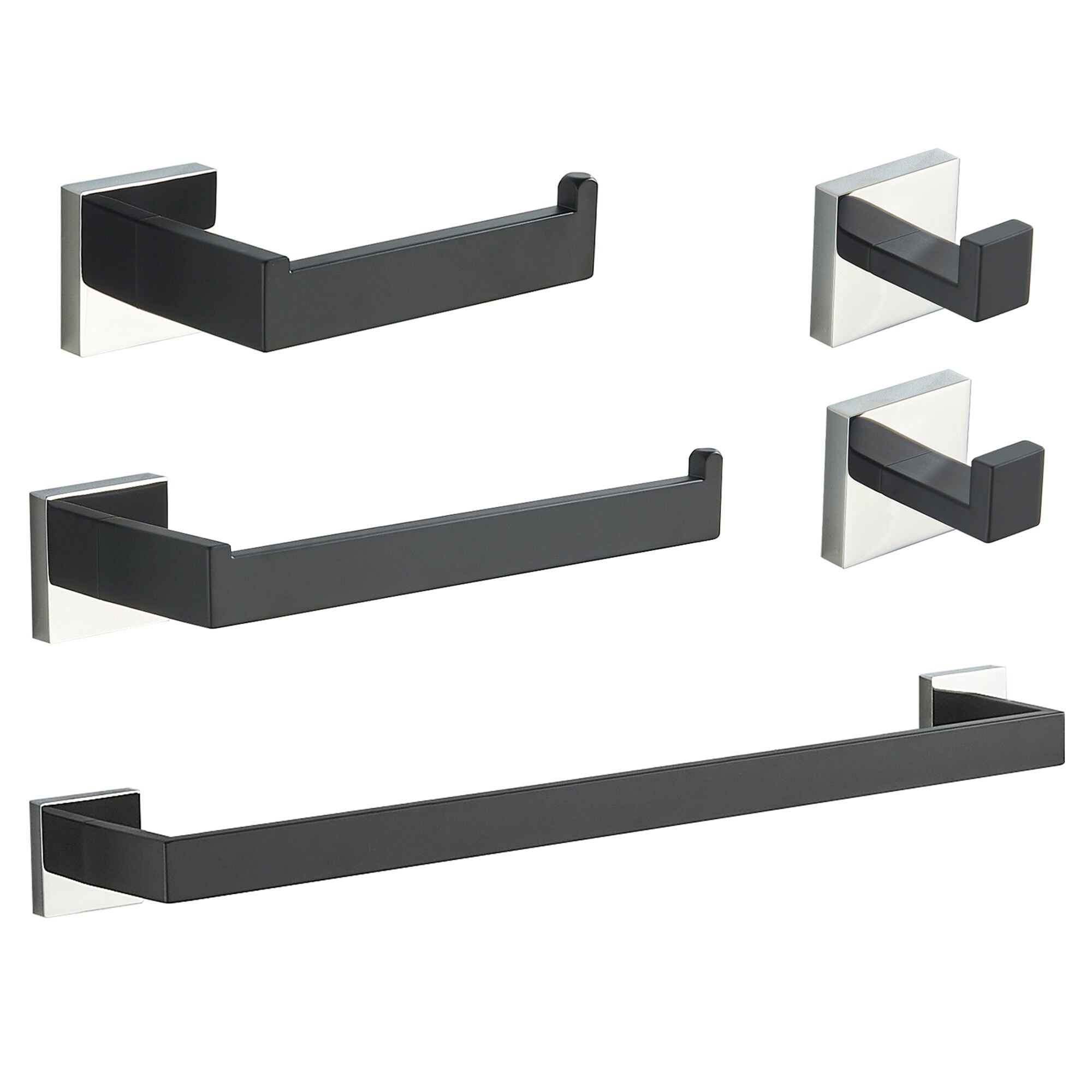 Juego de 5 piezas de herrajes decorativos para baño en negro/cepillado que incluye barra de toallas, portarrollos y gancho para batas.