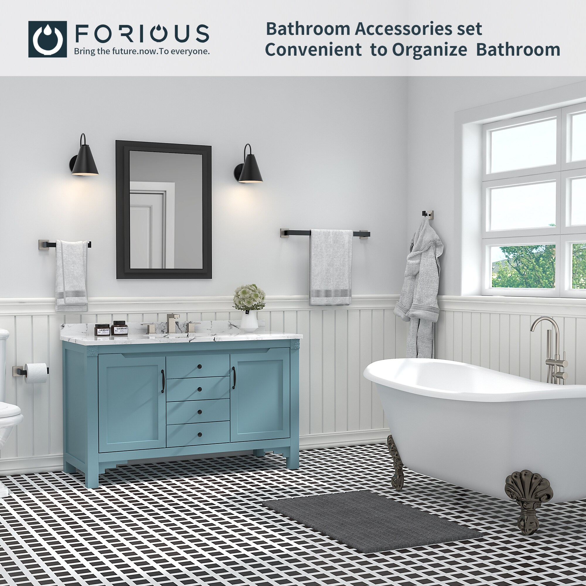 Juego de 5 piezas de herrajes decorativos para baño en negro/cepillado que incluye barra de toallas, portarrollos y gancho para batas.