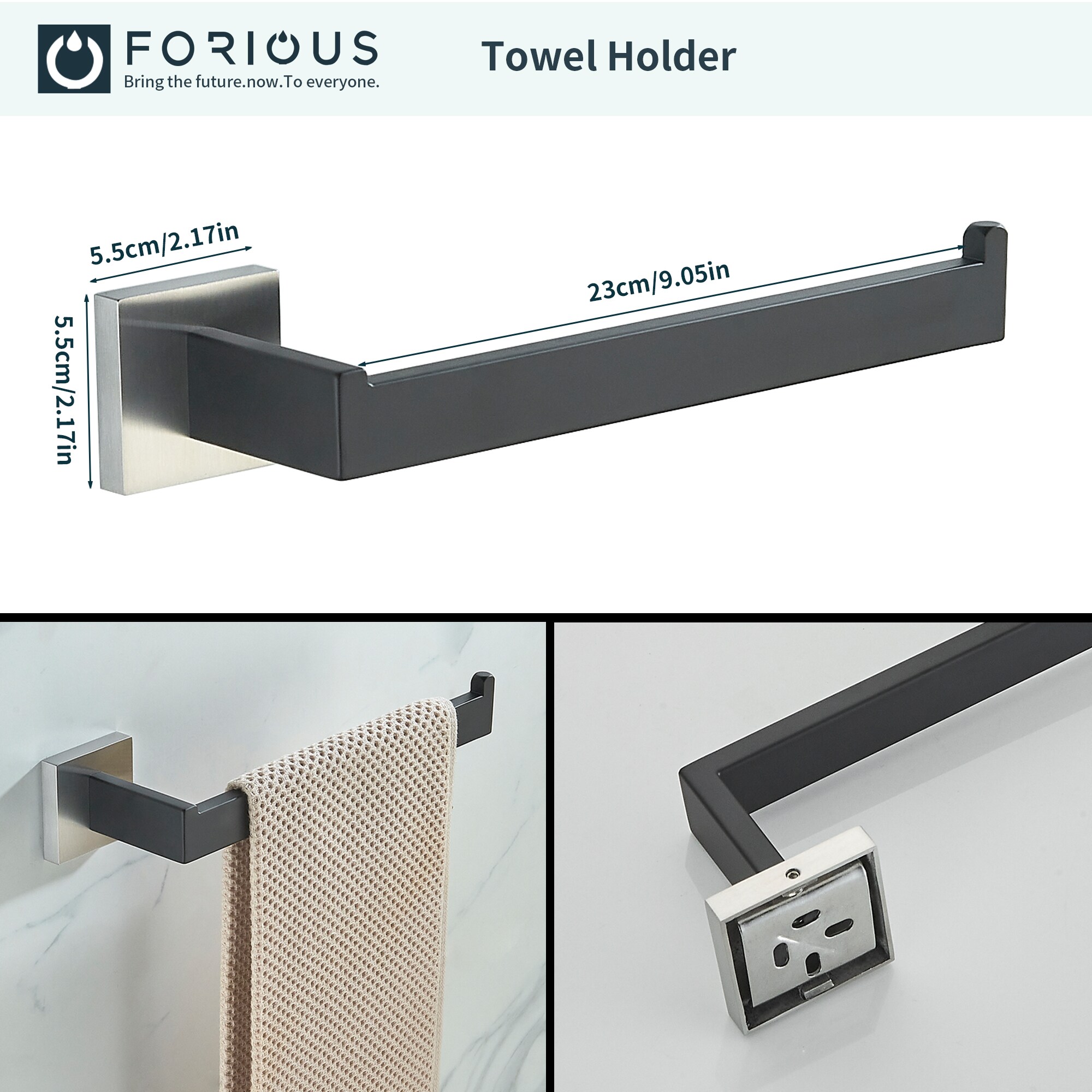 Juego de 5 piezas de herrajes decorativos para baño en negro/cepillado que incluye barra de toallas, portarrollos y gancho para batas.