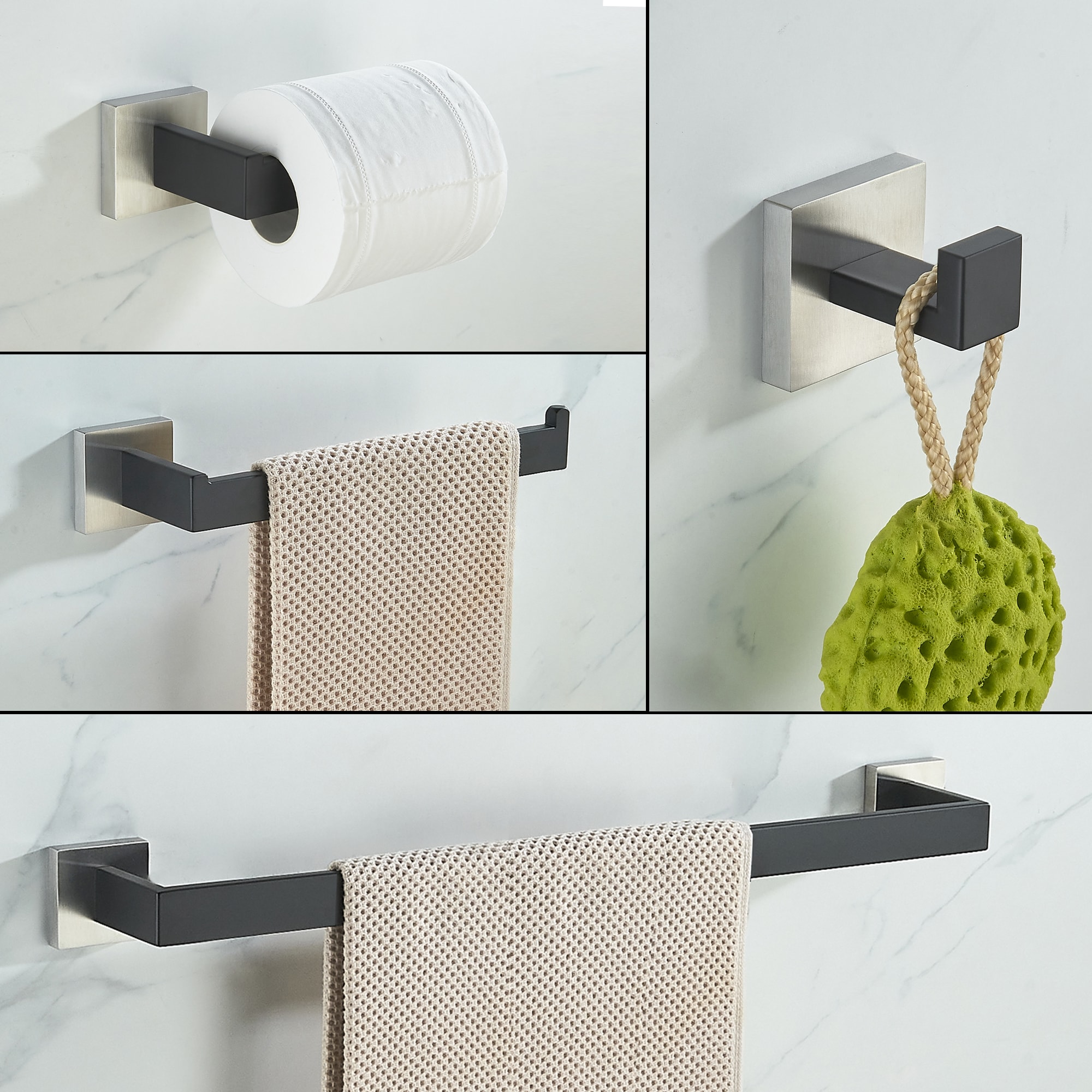 Juego de 5 piezas de herrajes decorativos para baño en negro/cepillado que incluye barra de toallas, portarrollos y gancho para batas.
