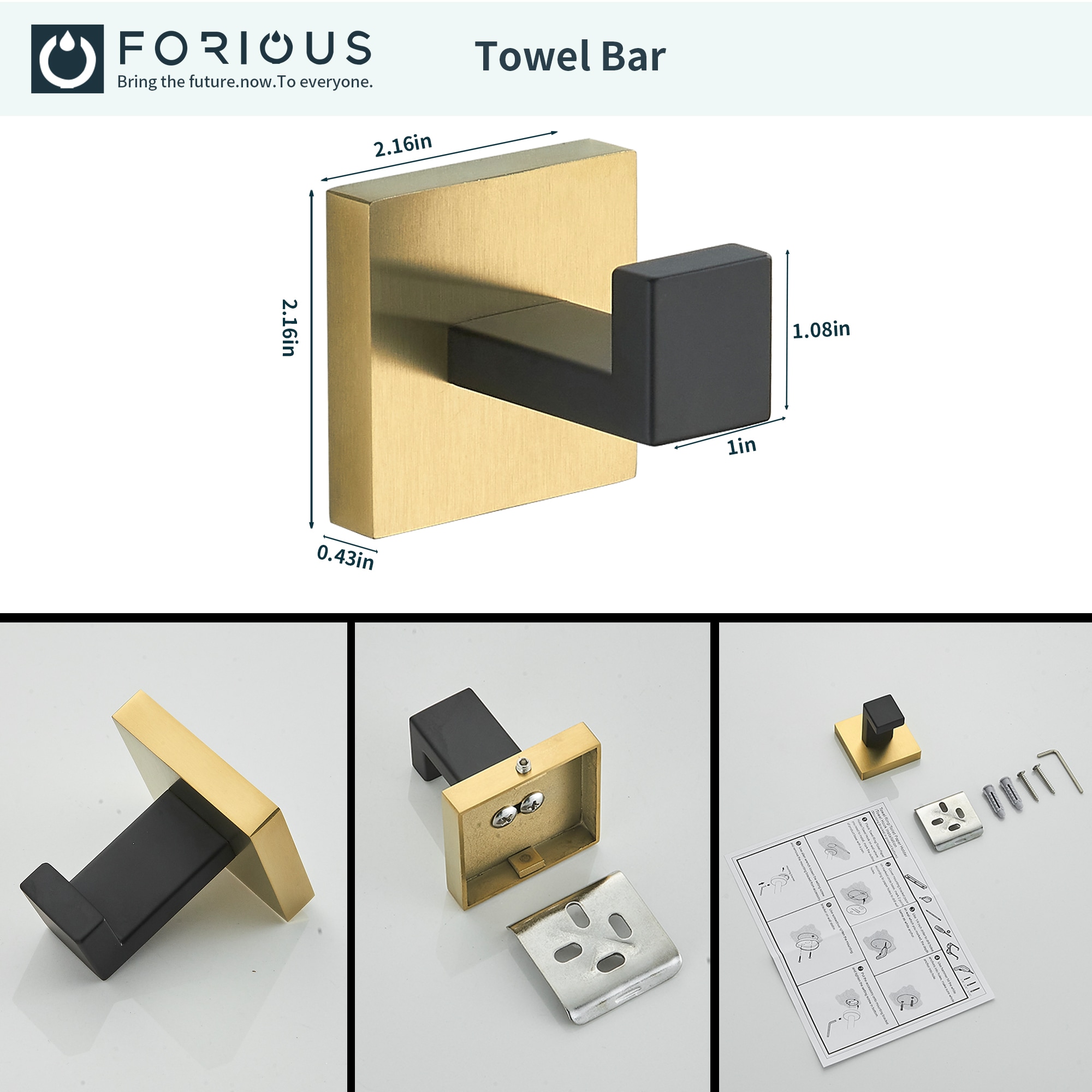 Juego de accesorios de baño decorativos en negro y dorado de 5 piezas FORIOUS - Incluye barra de toalla, porta papel higiénico y gancho para bata LL19002BG5A