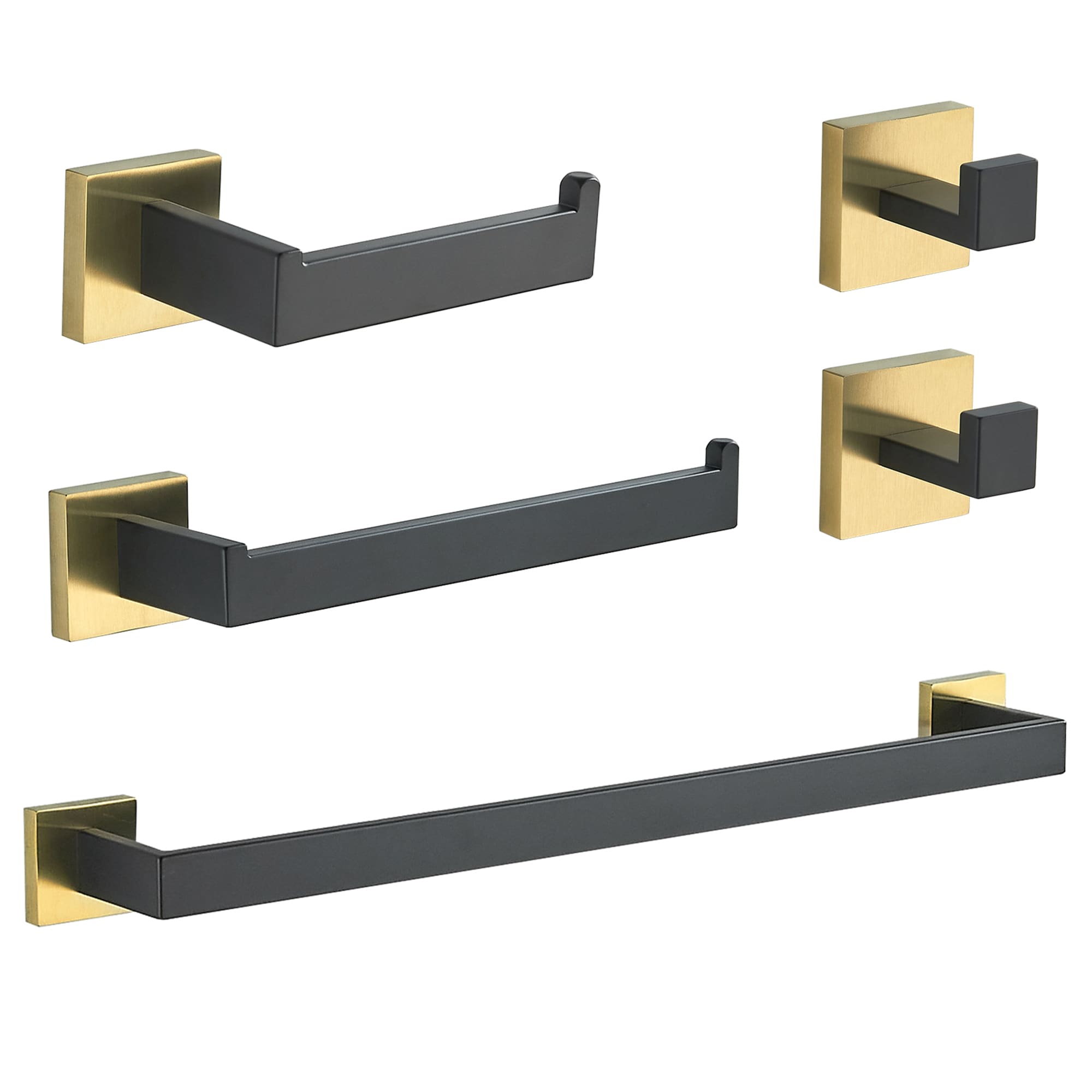 Juego de accesorios de baño decorativos en negro y dorado de 5 piezas FORIOUS - Incluye barra de toalla, porta papel higiénico y gancho para bata LL19002BG5A