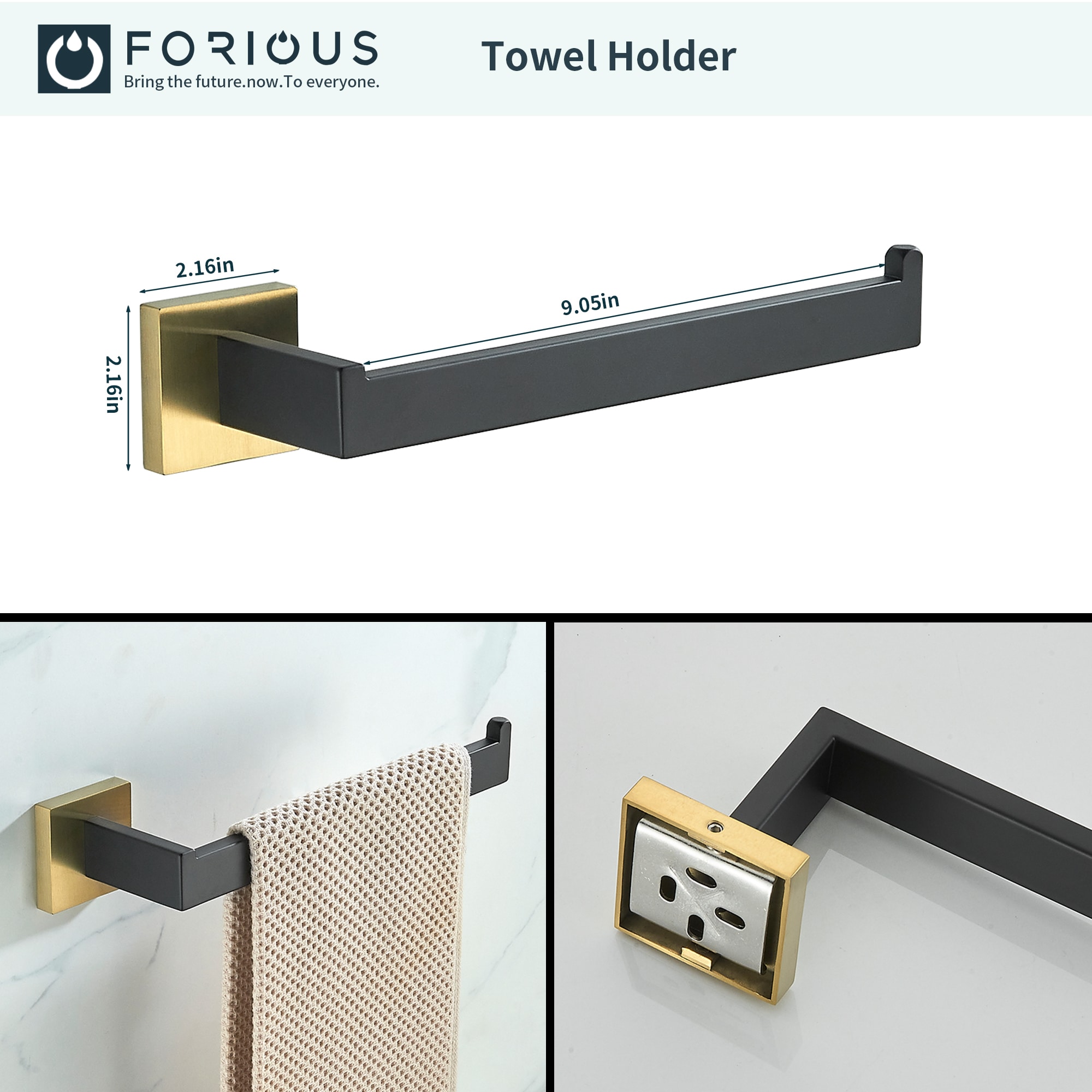 Juego de accesorios de baño decorativos en negro y dorado de 5 piezas FORIOUS - Incluye barra de toalla, porta papel higiénico y gancho para bata LL19002BG5A