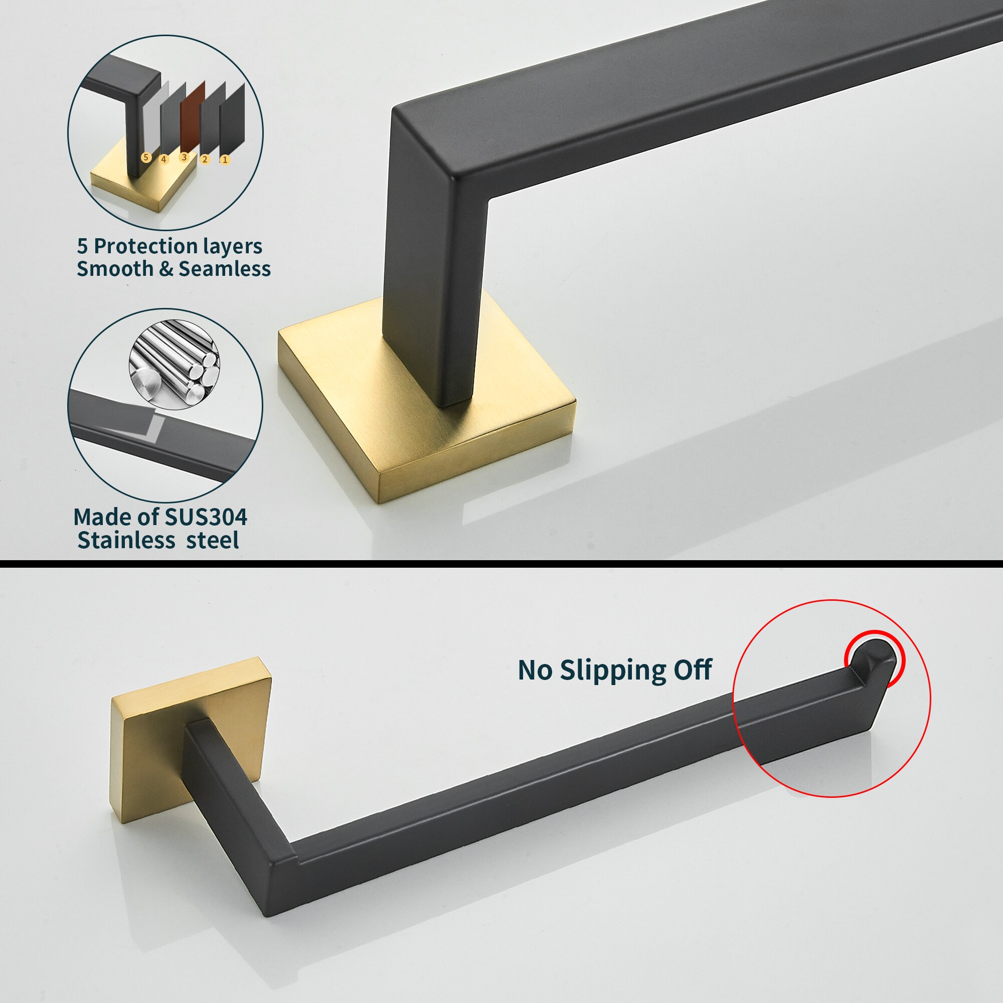 Juego de accesorios de baño decorativos en negro y dorado de 5 piezas FORIOUS - Incluye barra de toalla, porta papel higiénico y gancho para bata LL19002BG5A