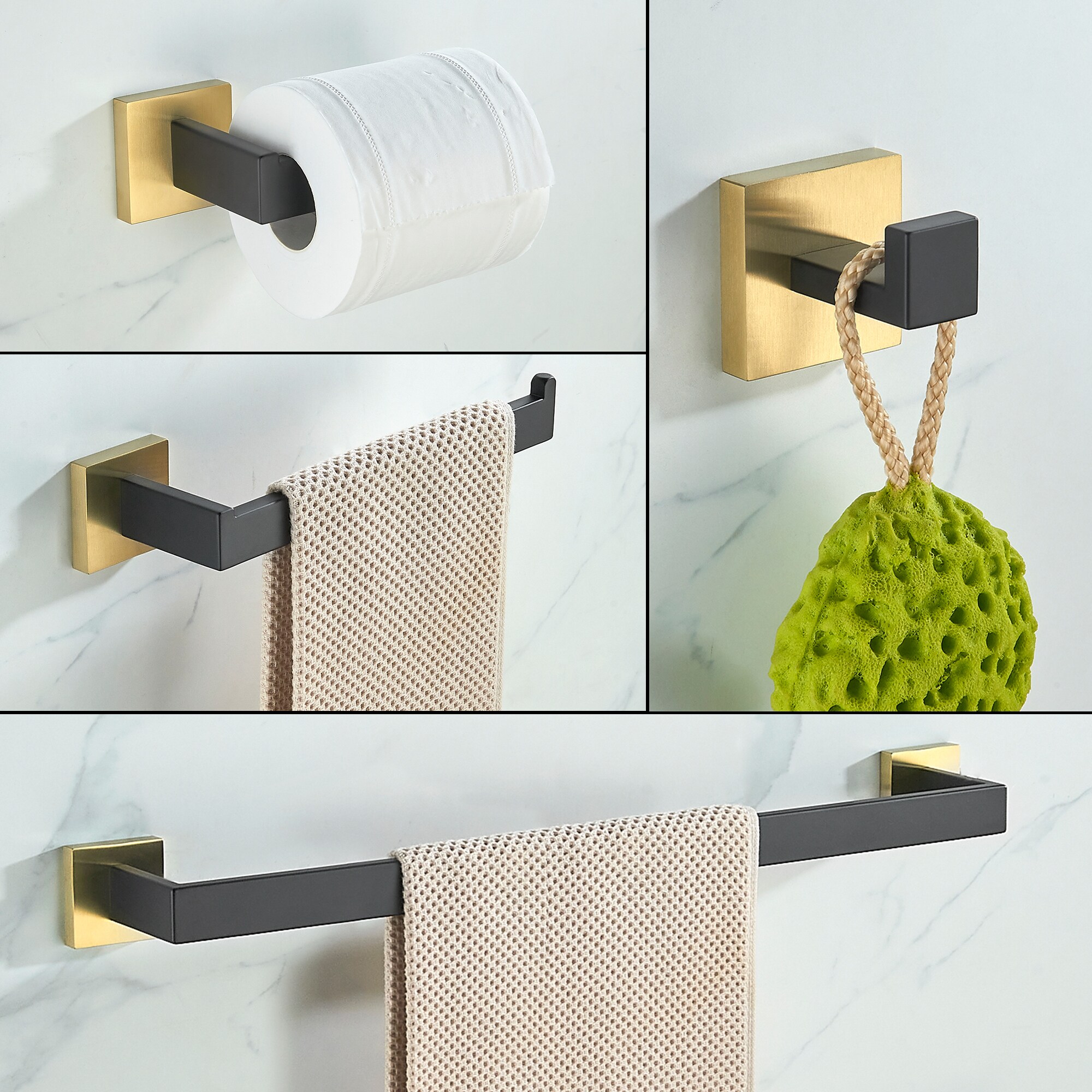 Juego de accesorios de baño decorativos en negro y dorado de 5 piezas FORIOUS - Incluye barra de toalla, porta papel higiénico y gancho para bata LL19002BG5A