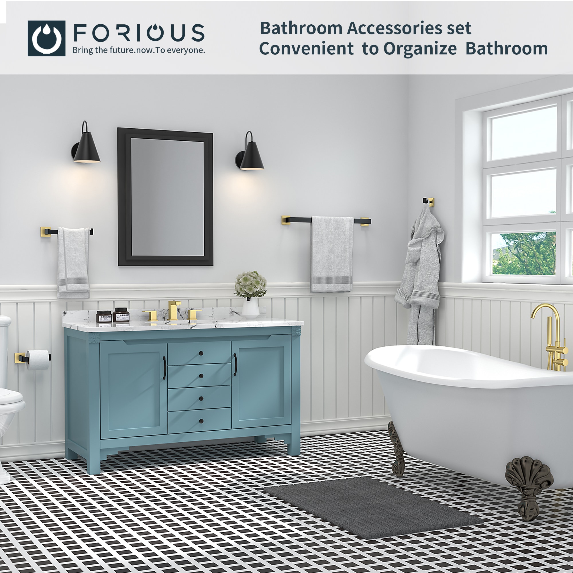 Juego de accesorios de baño decorativos en negro y dorado de 5 piezas FORIOUS - Incluye barra de toalla, porta papel higiénico y gancho para bata LL19002BG5A