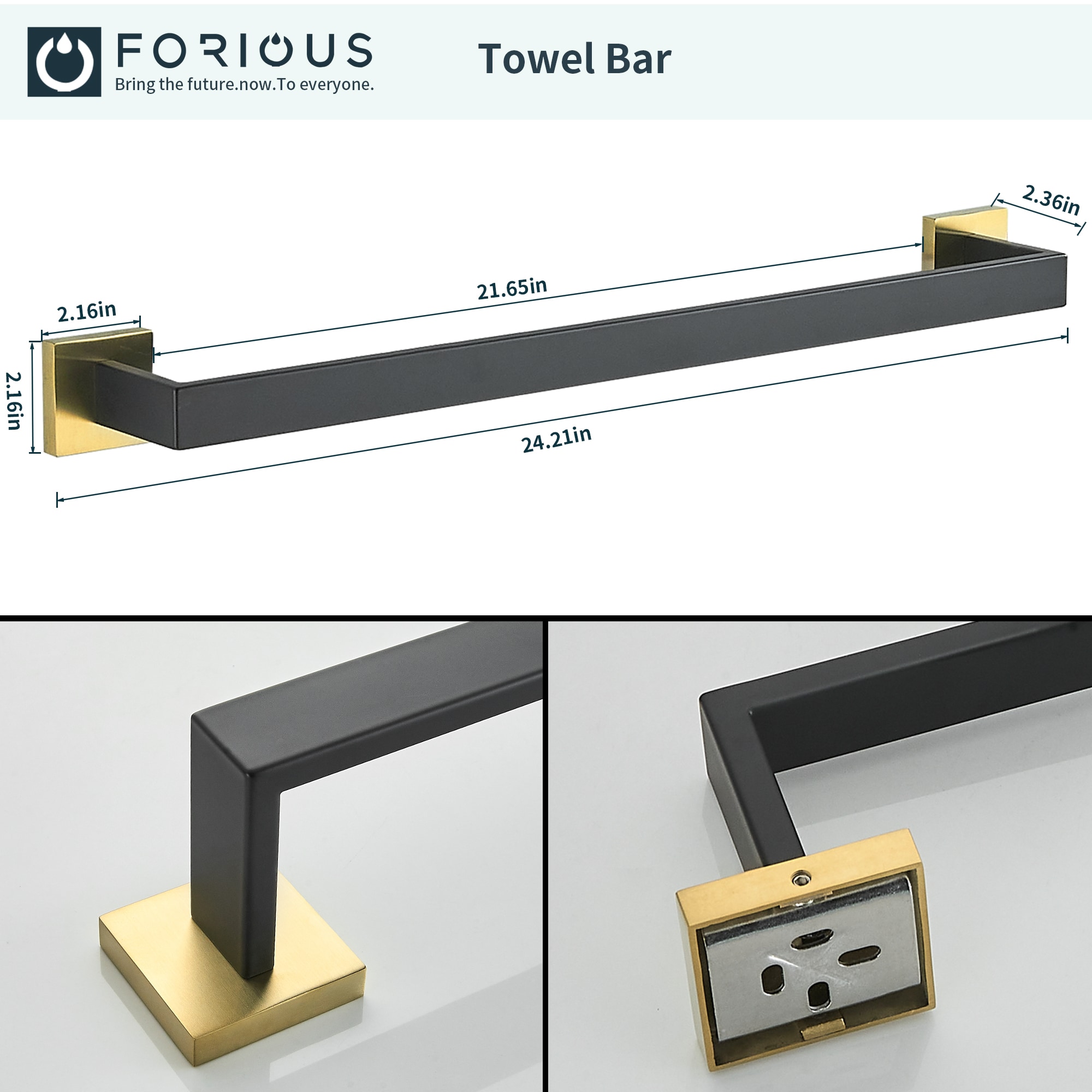 Juego de accesorios de baño decorativos en negro y dorado de 5 piezas FORIOUS - Incluye barra de toalla, porta papel higiénico y gancho para bata LL19002BG5A