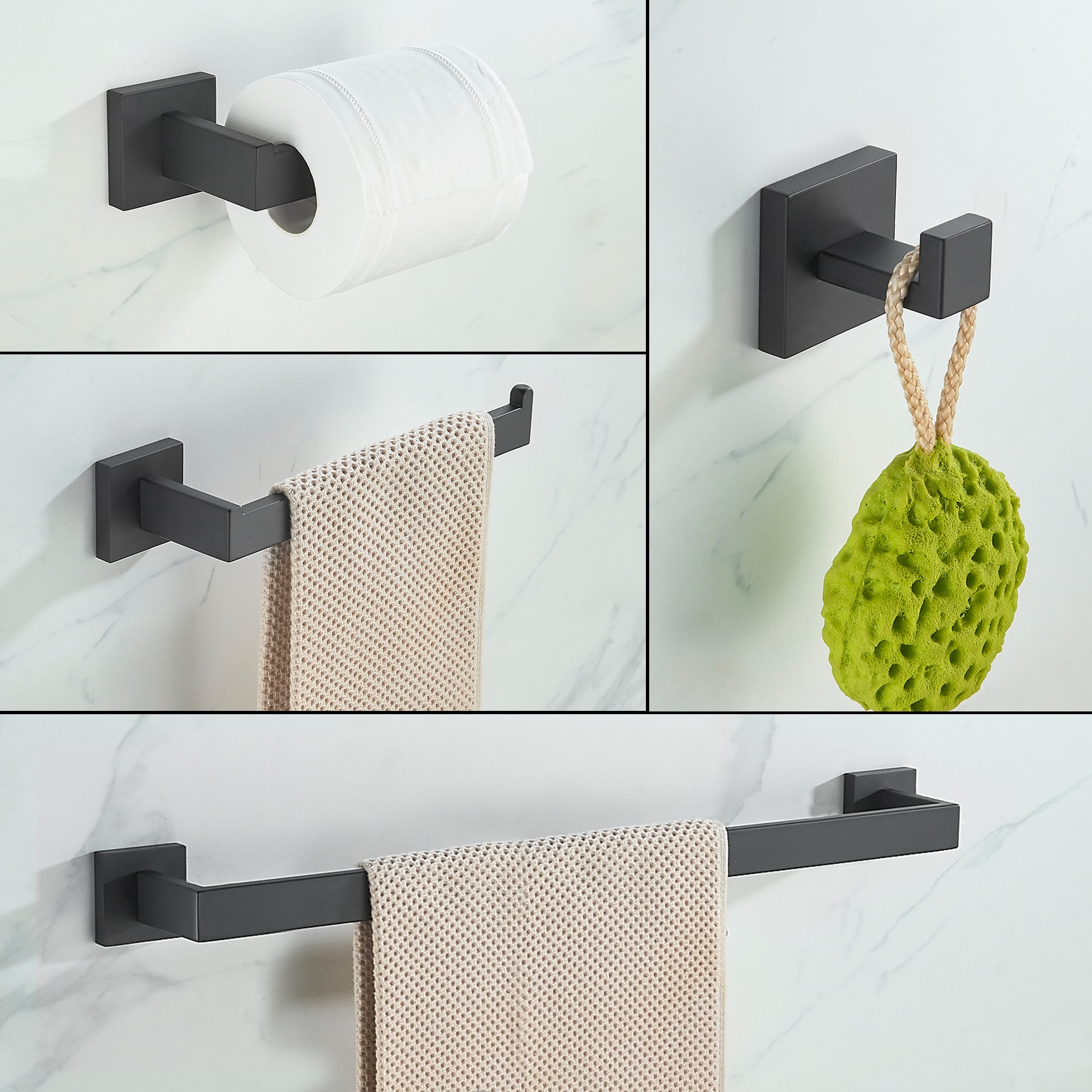 Set de Accesorios de Baño Decorativo en Negro Mate de 5 Piezas, Incluye Barra de Toalla, Portarrollos y Gancho para Bata
