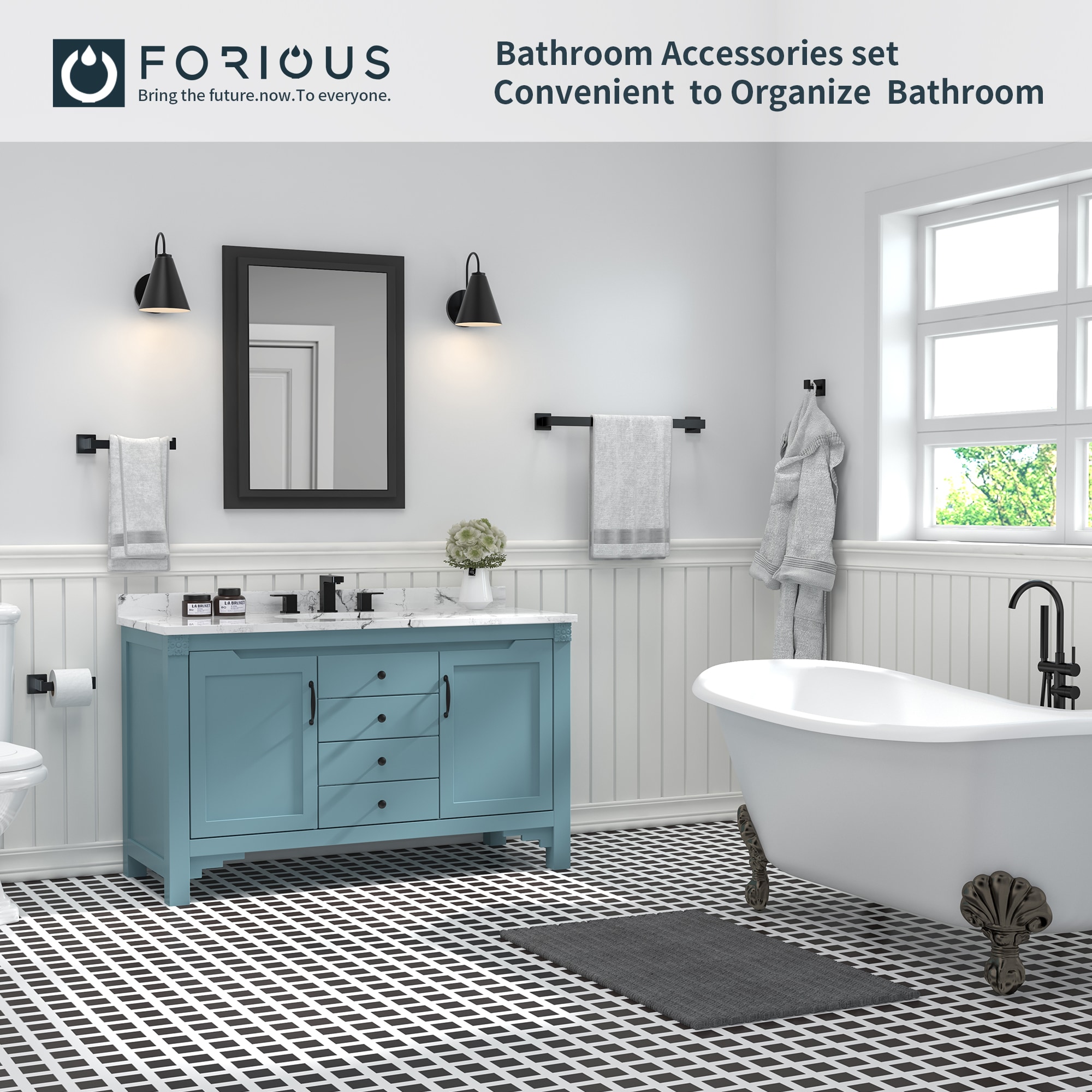 Set de Accesorios de Baño Decorativo en Negro Mate de 5 Piezas, Incluye Barra de Toalla, Portarrollos y Gancho para Bata