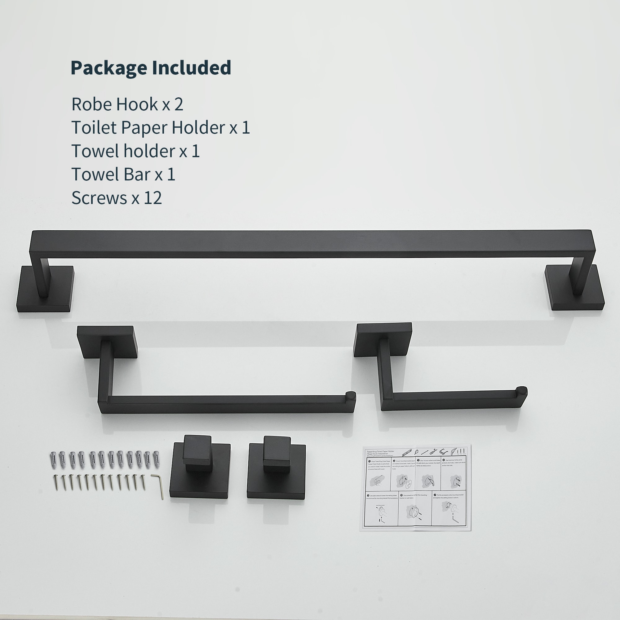 Set de Accesorios de Baño Decorativo en Negro Mate de 5 Piezas, Incluye Barra de Toalla, Portarrollos y Gancho para Bata