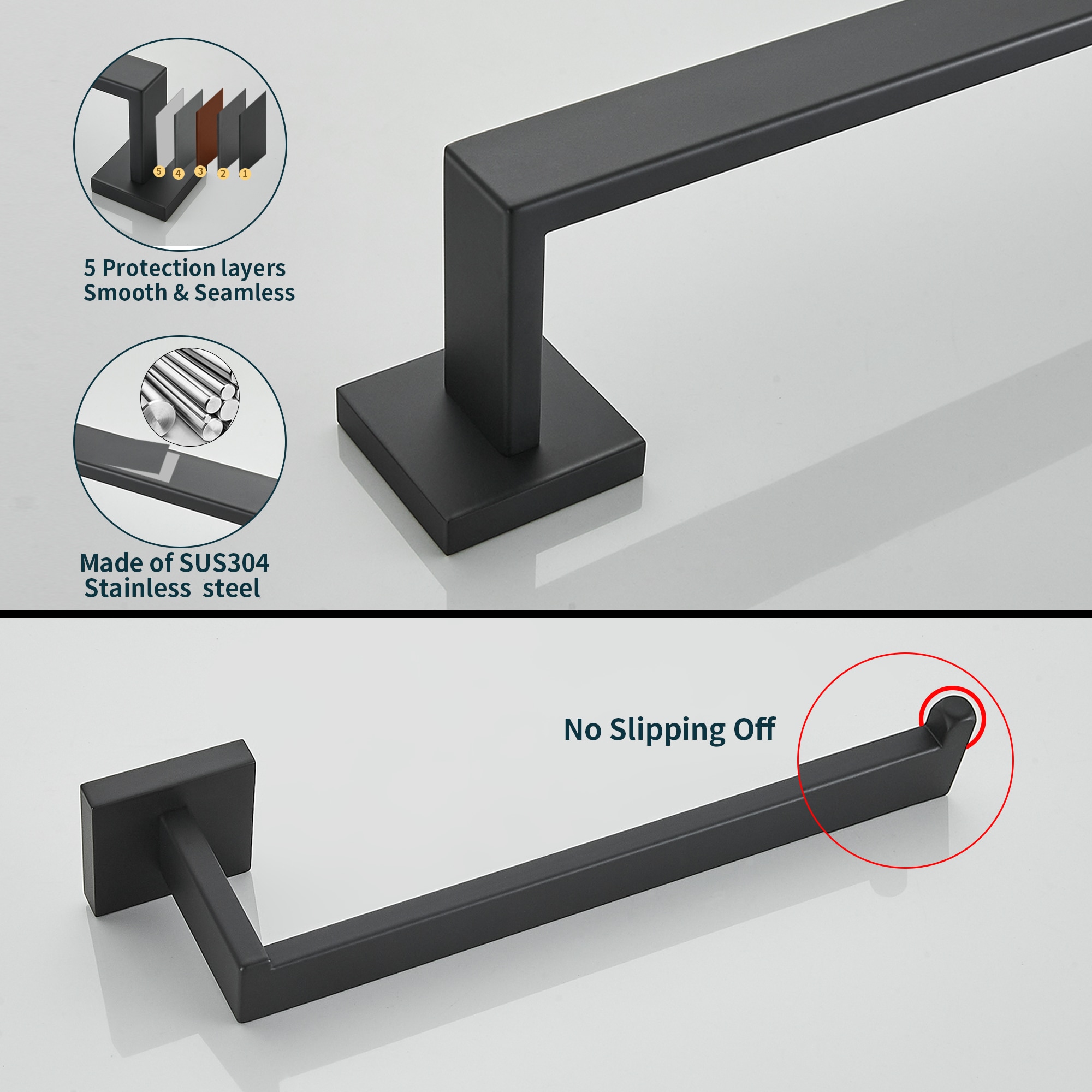 Set de Accesorios de Baño Decorativo en Negro Mate de 5 Piezas, Incluye Barra de Toalla, Portarrollos y Gancho para Bata