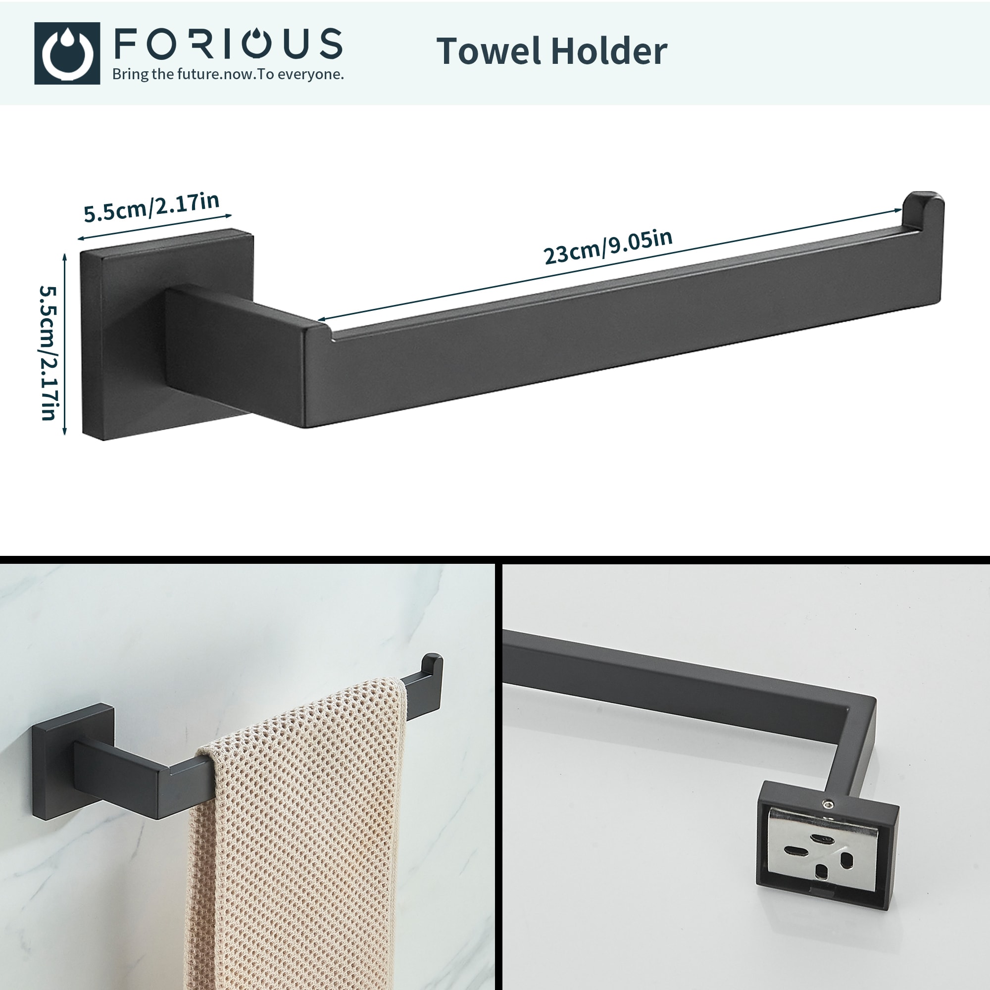 Set de Accesorios de Baño Decorativo en Negro Mate de 5 Piezas, Incluye Barra de Toalla, Portarrollos y Gancho para Bata