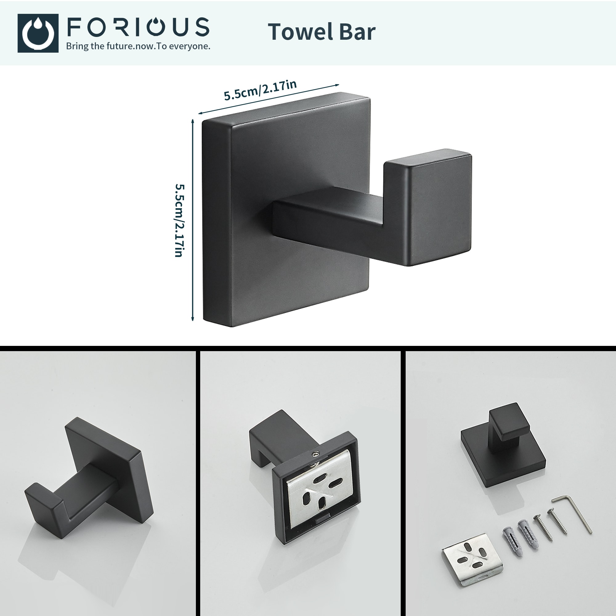 Juego de Accesorios para Baño en Color Negro Mate de 4 Piezas, Incluye Barra de Toallas, Porta Papel Higiénico y Gancho para Batas