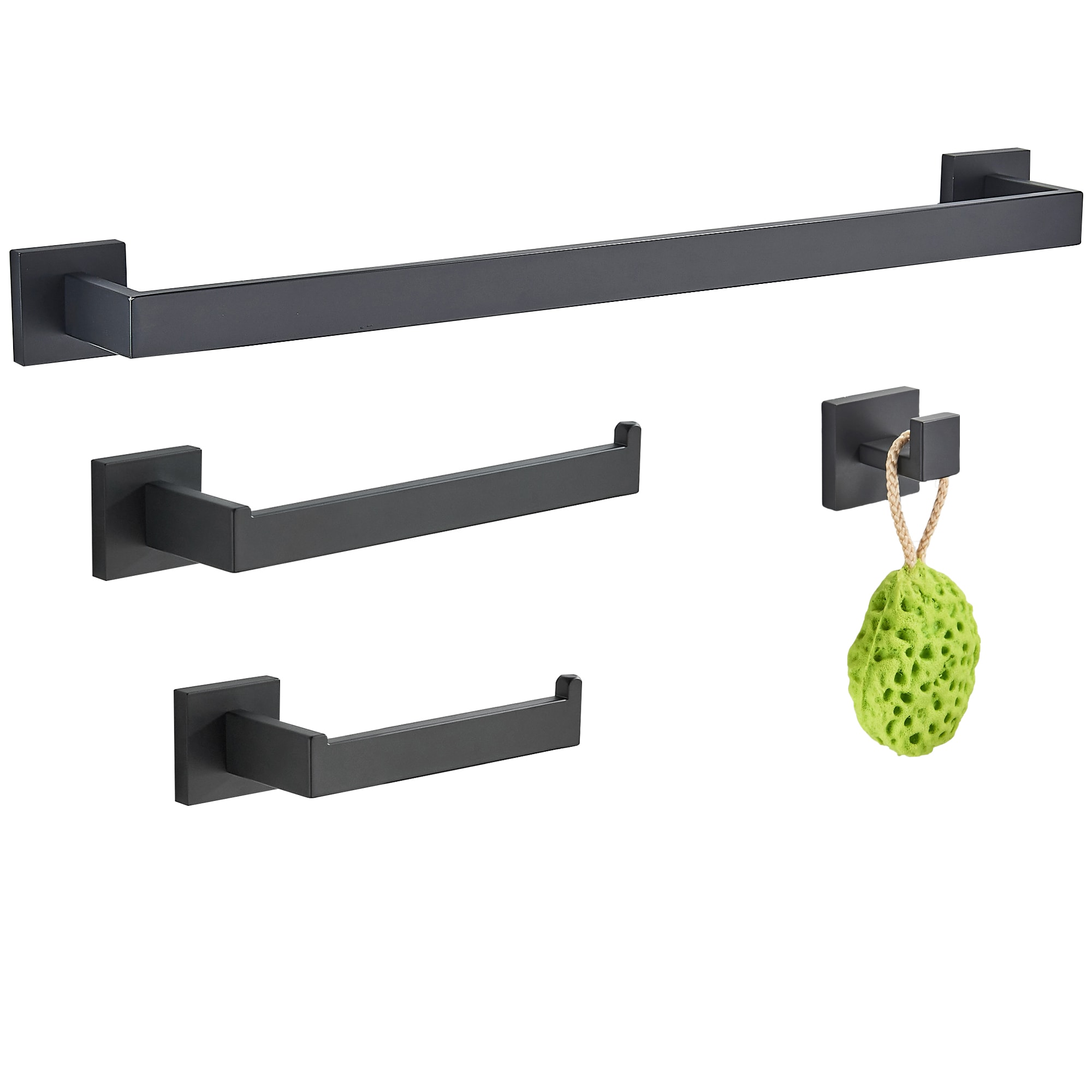 Juego de Accesorios para Baño en Color Negro Mate de 4 Piezas, Incluye Barra de Toallas, Porta Papel Higiénico y Gancho para Batas