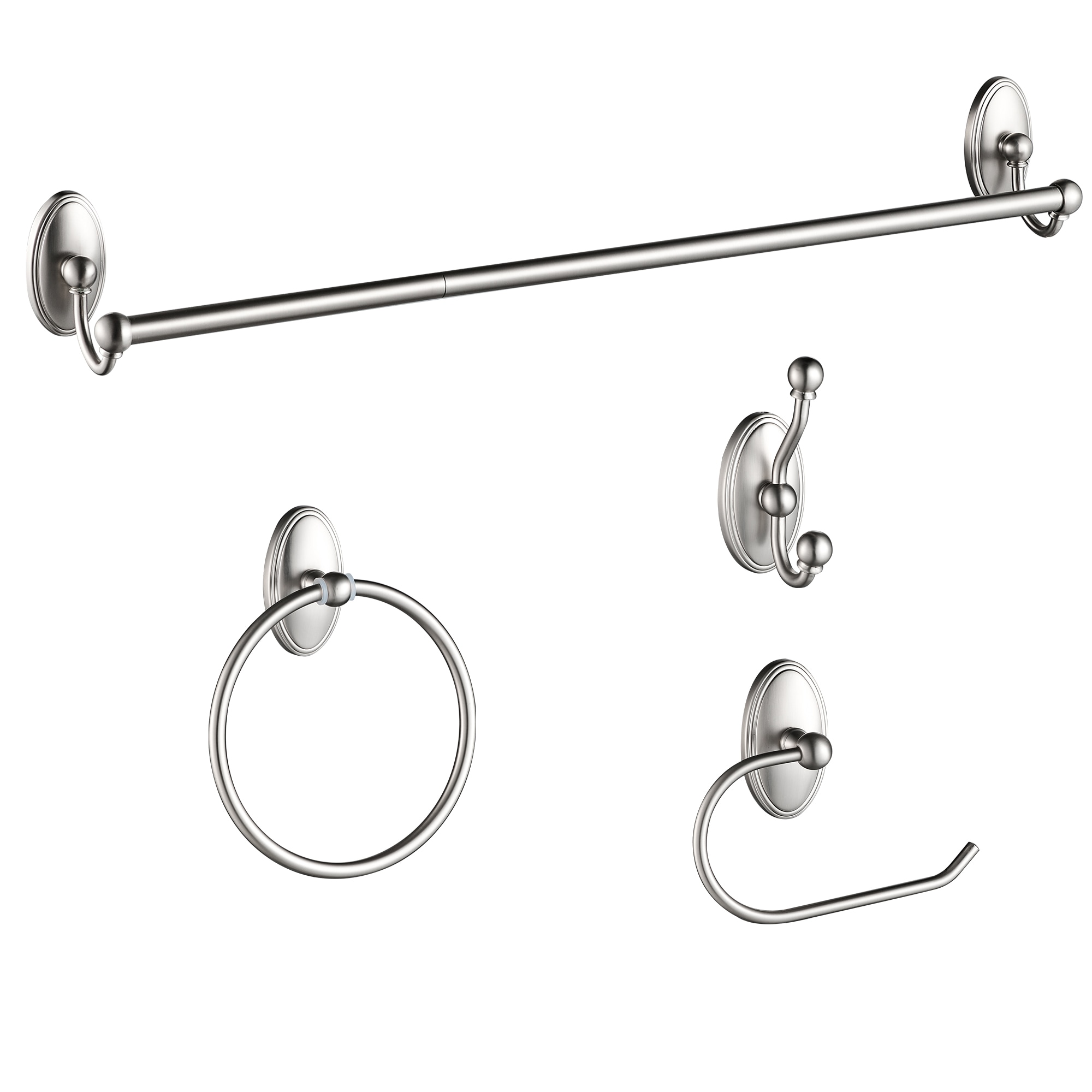 Juego de accesorios de baño decorativos de níquel cepillado de 4 piezas Forious - Barra para toallas, porta papel higiénico, argolla para toallas, gancho para batas incluido LL19106BN4A