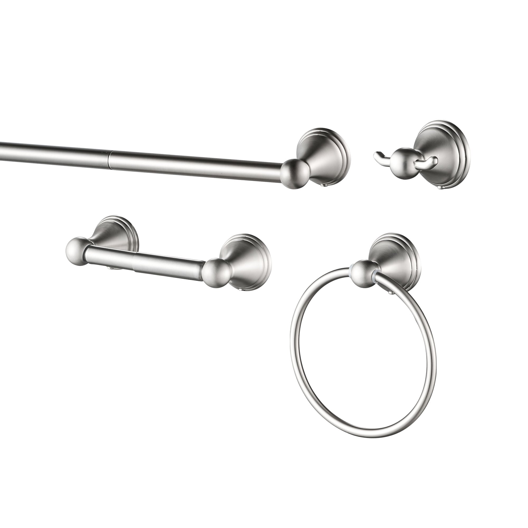 Juego de Accesorios de Baño Decorativos de Níquel Cepillado de 4 Piezas de FORIOUS: Barra de Toalla, Porta Papel Higiénico, Argolla para Toalla y Gancho para Bata incluidos LL19108BN4A