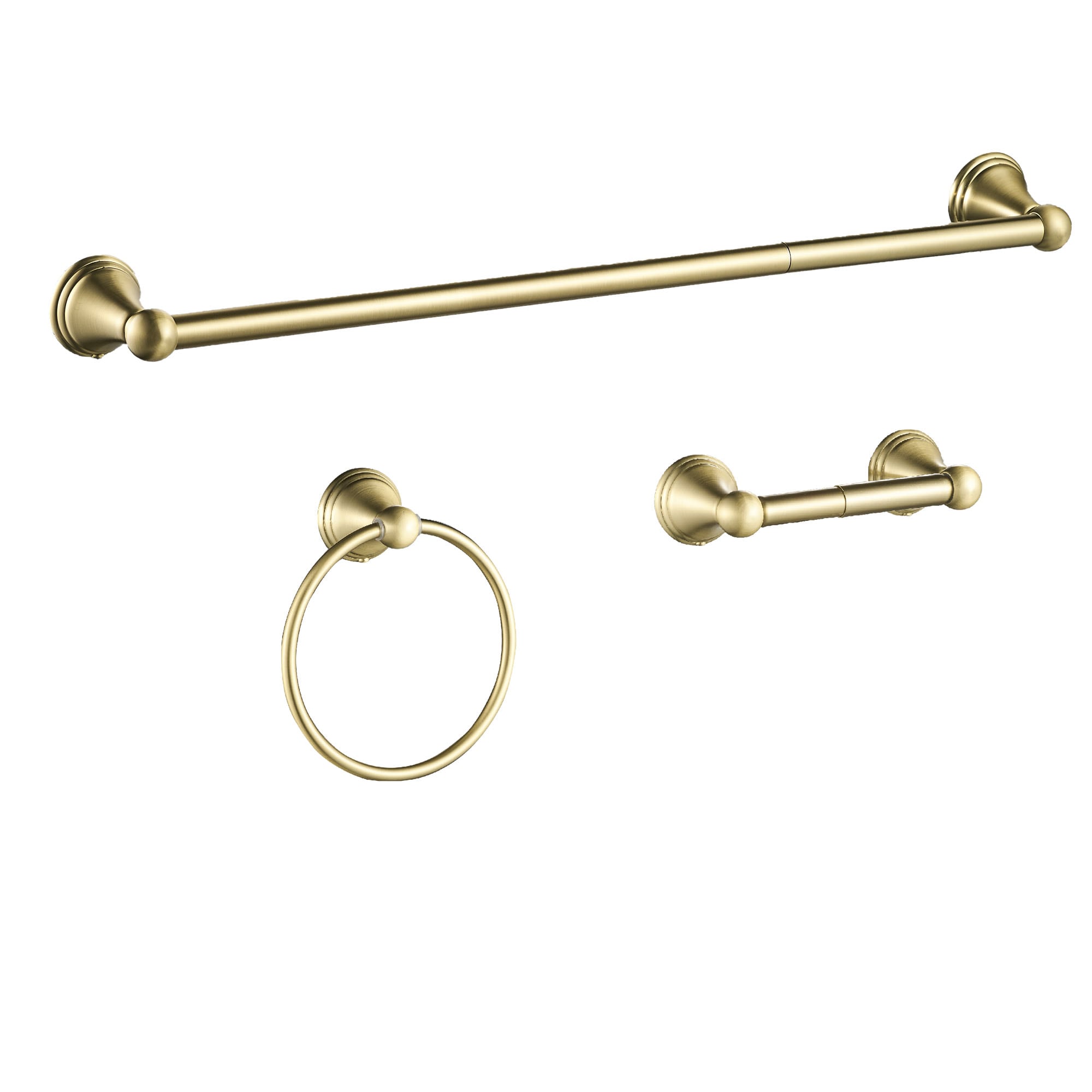 Juego de 3 piezas de accesorios decorativos para baño en color dorado FORIOUS: Barra de toalla, Porta papel higiénico, Argolla para toalla, Incluido LL19108G3A.