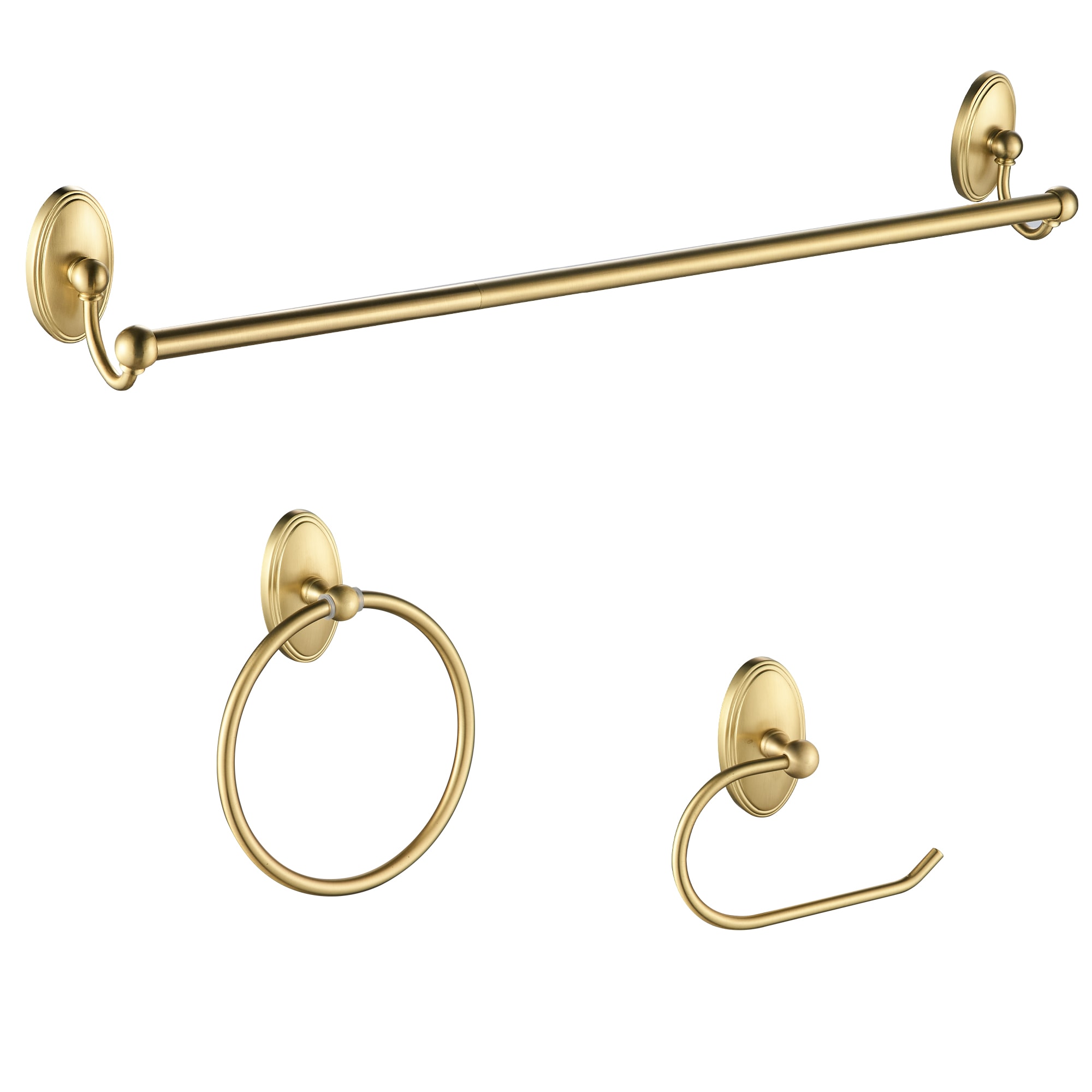 Juego de hardware decorativo de baño de 3 piezas en dorado, incluye barra de toalla, portarrollos y argolla de toalla.