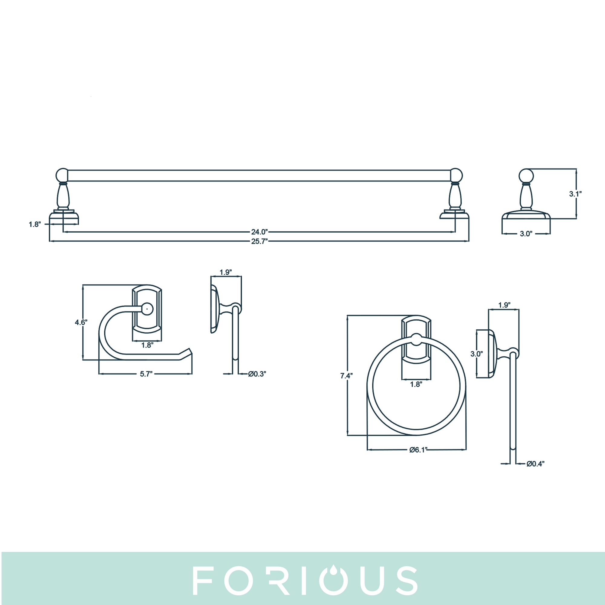 Juego de 3 Piezas de Accesorios de Baño Decorativos de Chrome de FORIOUS: Barra de Toallas, Porta Papel Higiénico y Argolla para Toallas, Incluido LL19104CH3A