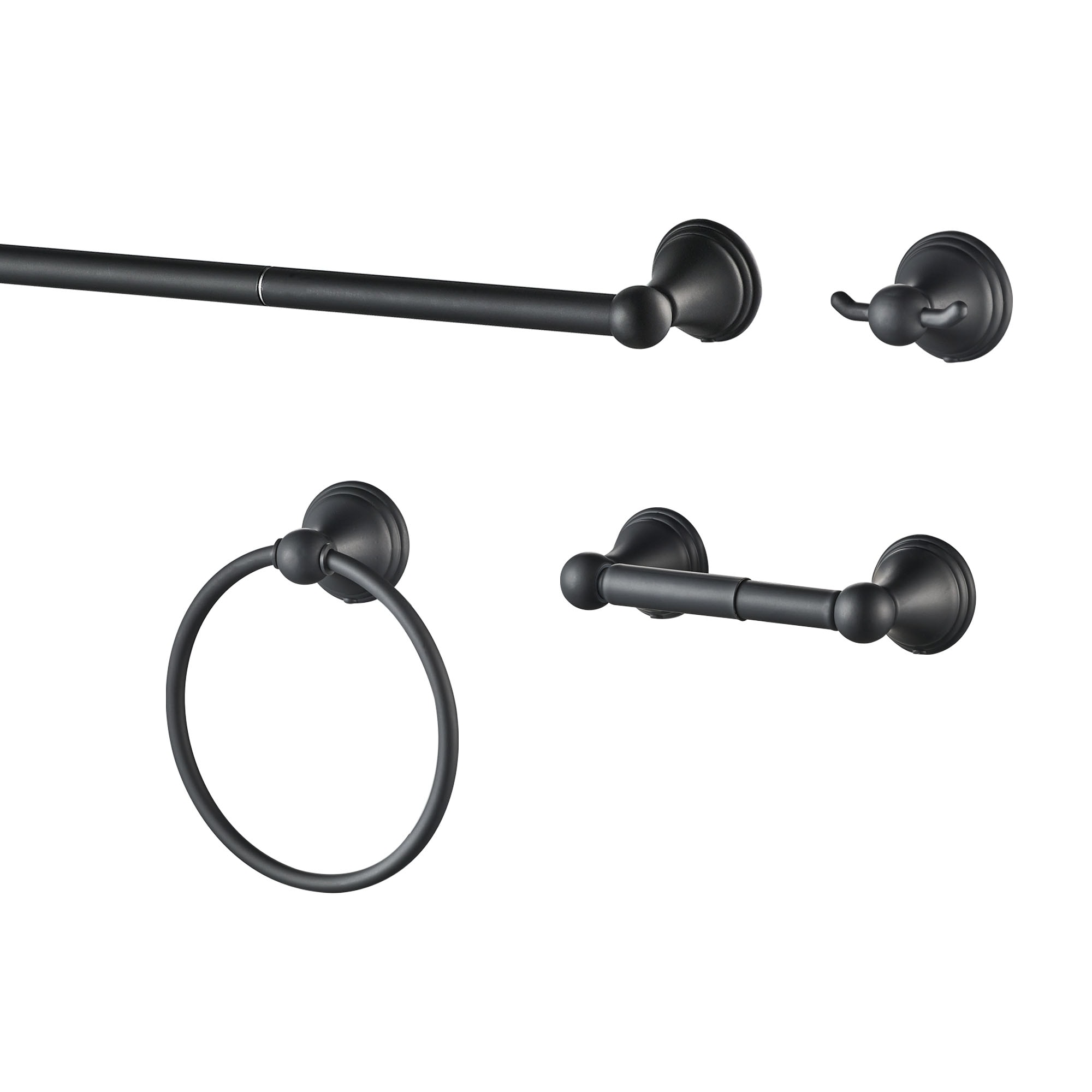 Juego de Herrajes Decorativos para Baño en Negro Mate de 4 Piezas FORIOUS - Incluye Barra de Toallas, Portarrollos, Argolla de Toallas y Gancho para Batas LL19108B4A