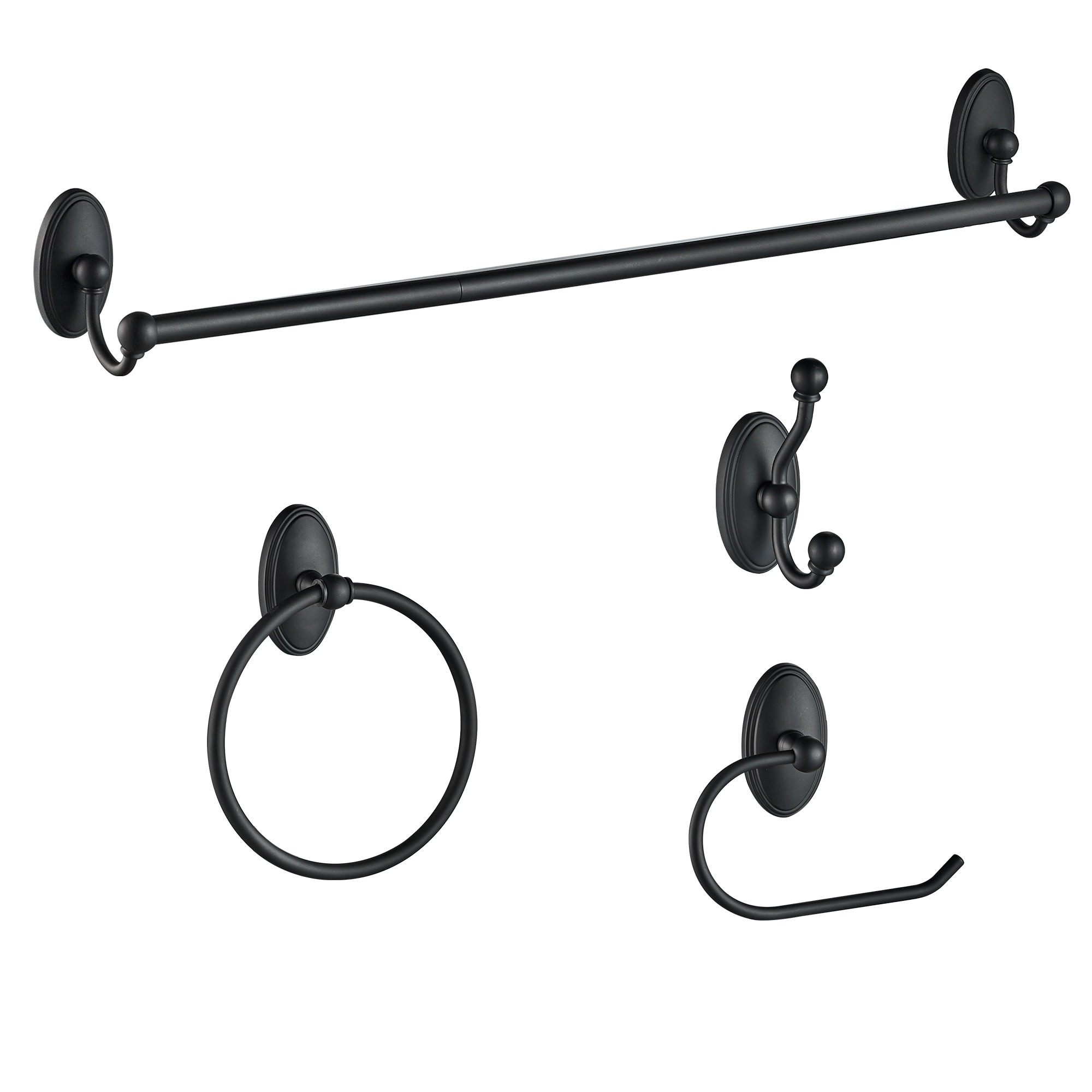 Juego de accesorios para baño en negro mate de 4 piezas FORIOUS - Barra de toalla, portarrollos, anillo de toalla y gancho para batas incluidos LL19106B4A