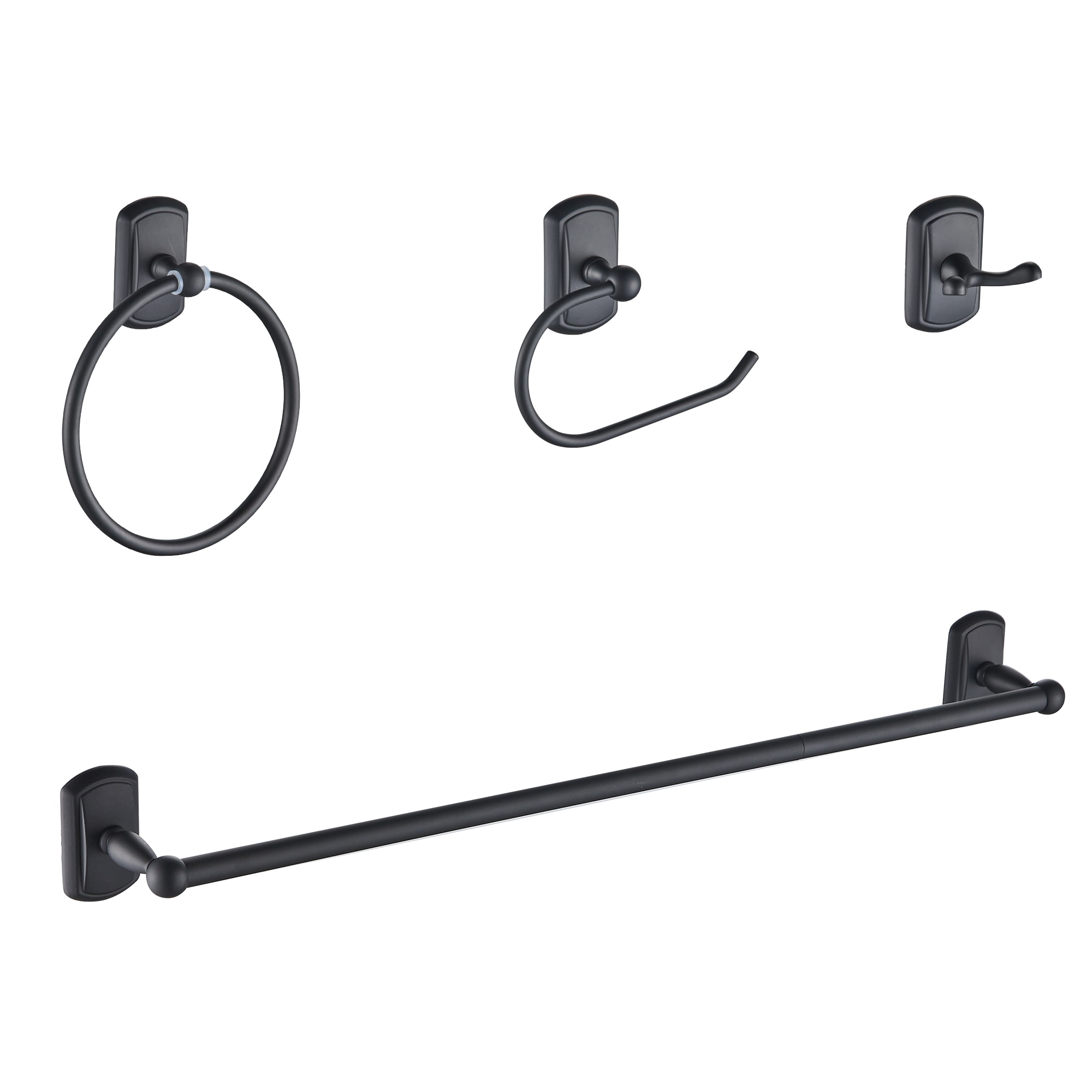 Juego de 4 piezas de accesorios de baño decorativos en negro mate FORIOUS, que incluye barra de toallas, porta papel higiénico, argolla de toallas y gancho para batas LL19104B4A.