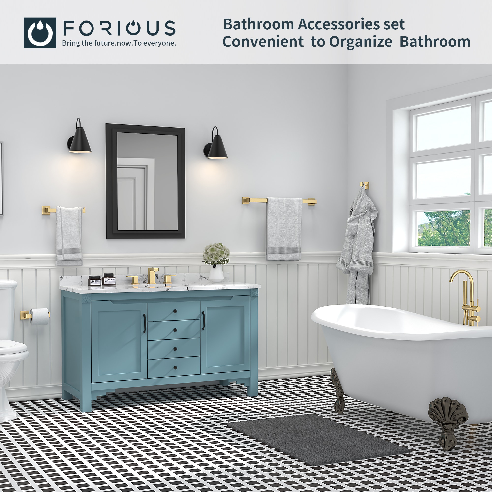 Juego de Accesorios de Baño Decorativos en Oro de 5 Piezas FORIOUS: Barra de Toallas, Porta Rollos de Papel Higiénico, Gancho para Batas incluidos LL19002G5A