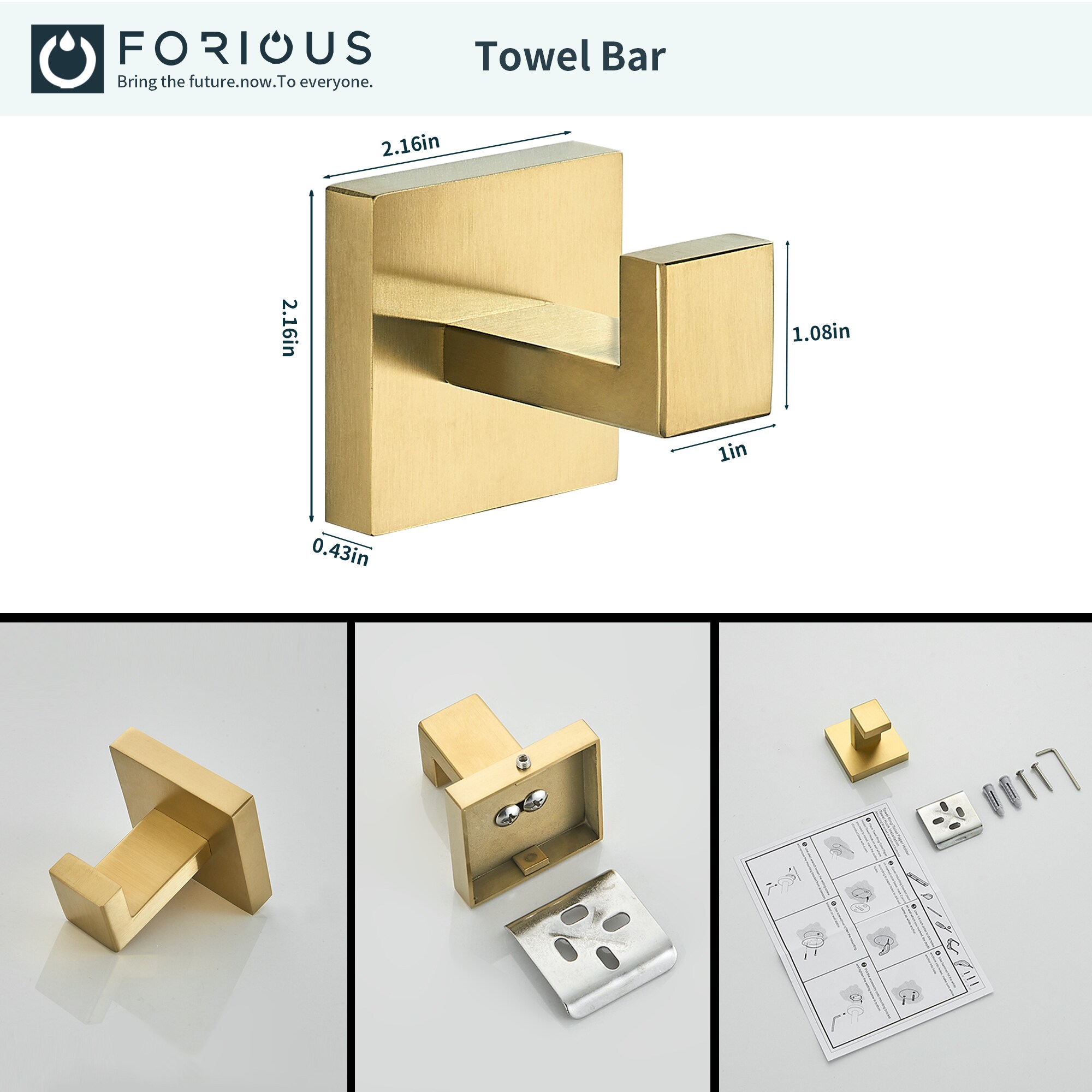 Juego de Accesorios de Baño Decorativos en Oro de 5 Piezas FORIOUS: Barra de Toallas, Porta Rollos de Papel Higiénico, Gancho para Batas incluidos LL19002G5A