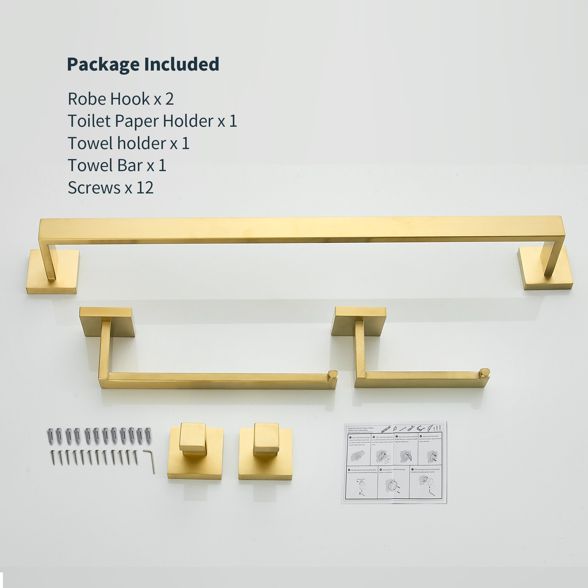 Juego de Accesorios de Baño Decorativos en Oro de 5 Piezas FORIOUS: Barra de Toallas, Porta Rollos de Papel Higiénico, Gancho para Batas incluidos LL19002G5A