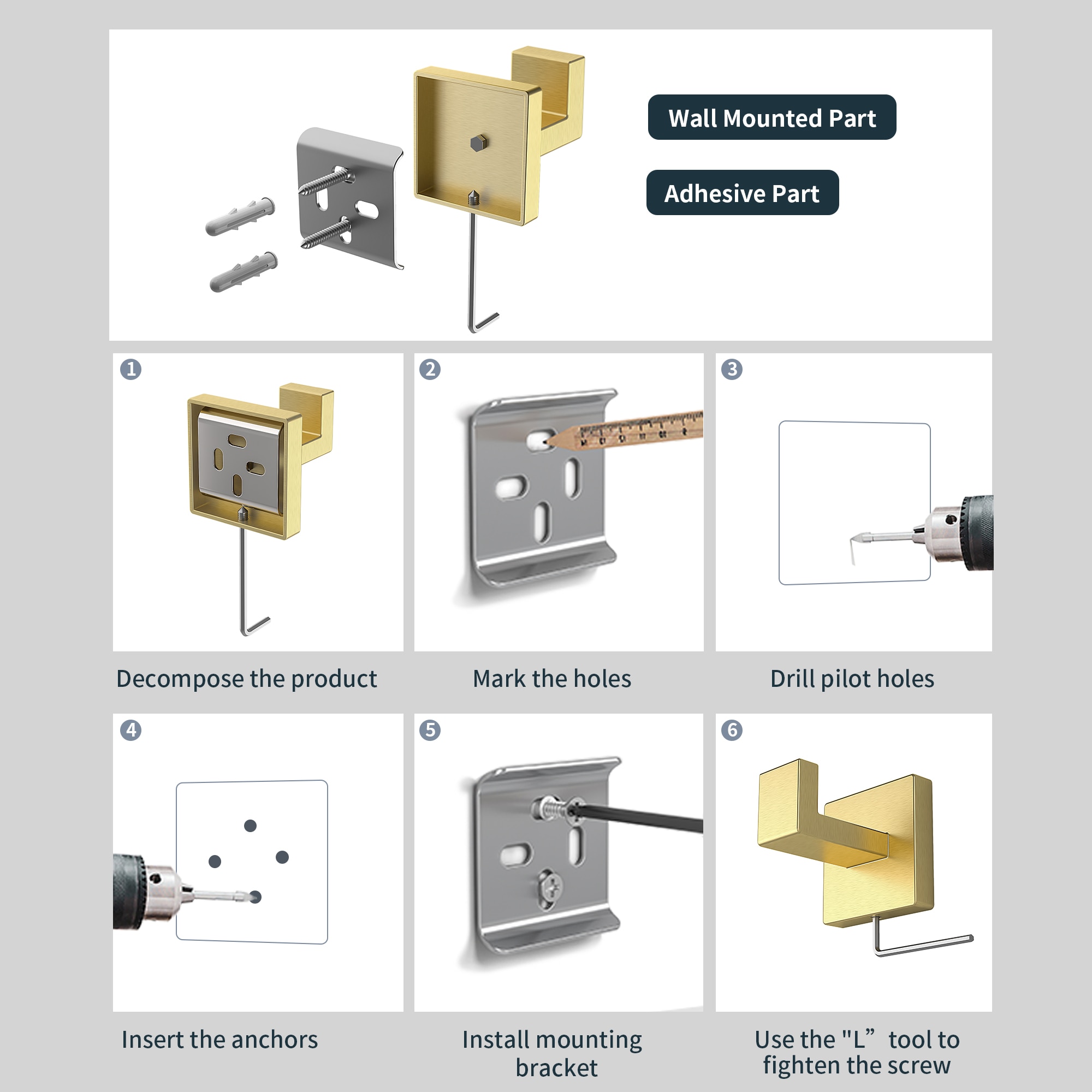 Juego de Accesorios de Baño Decorativos en Oro de 5 Piezas FORIOUS: Barra de Toallas, Porta Rollos de Papel Higiénico, Gancho para Batas incluidos LL19002G5A