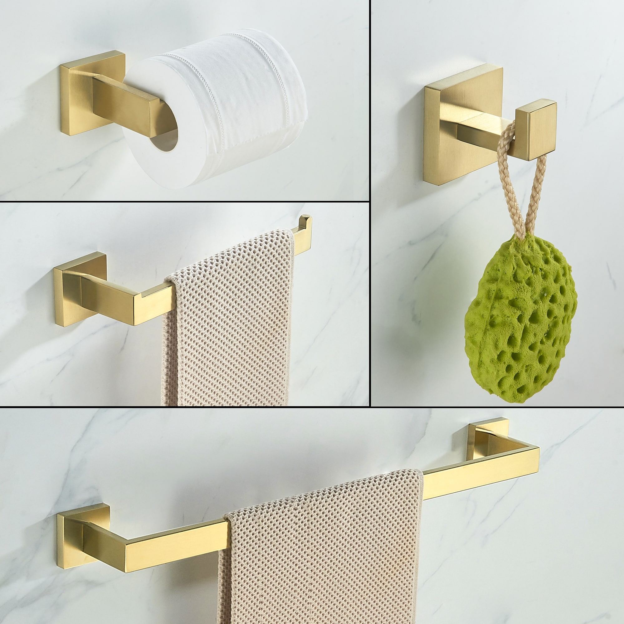 Juego de Accesorios de Baño Decorativos en Oro de 5 Piezas FORIOUS: Barra de Toallas, Porta Rollos de Papel Higiénico, Gancho para Batas incluidos LL19002G5A