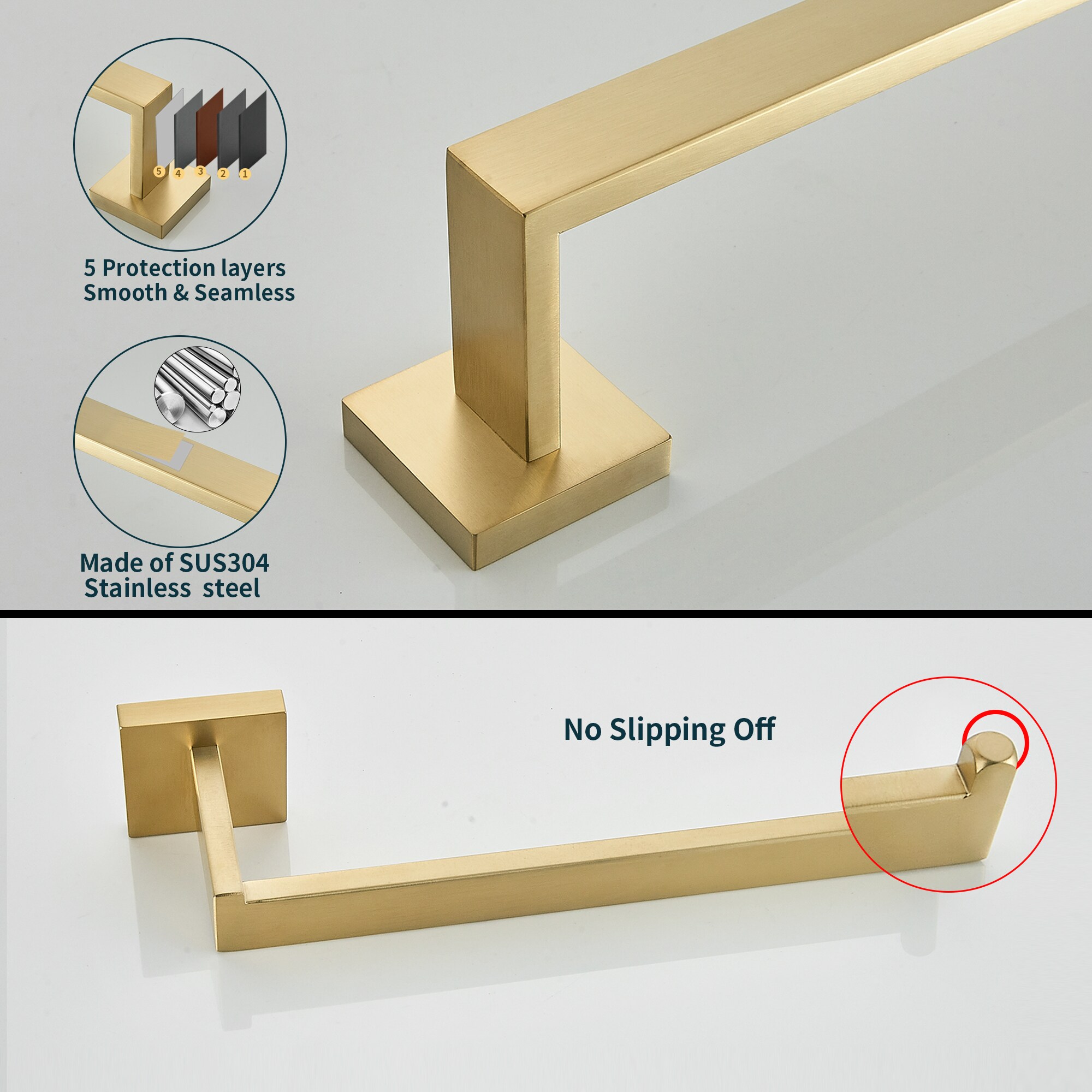 Juego de Accesorios de Baño Decorativos en Oro de 5 Piezas FORIOUS: Barra de Toallas, Porta Rollos de Papel Higiénico, Gancho para Batas incluidos LL19002G5A