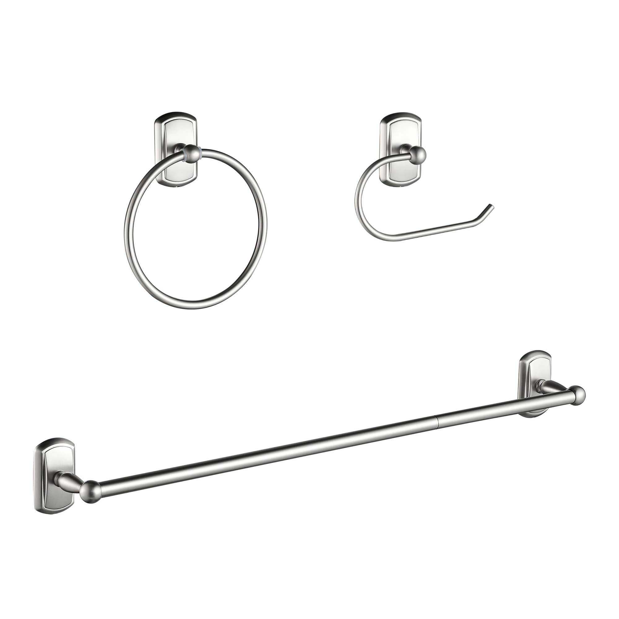 Juego de 3 piezas de accesorios decorativos para baño en níquel cepillado FORIOUS: Barra de toallas, porta papel higiénico y argolla para toallas (Incluido LL19104BN3A)