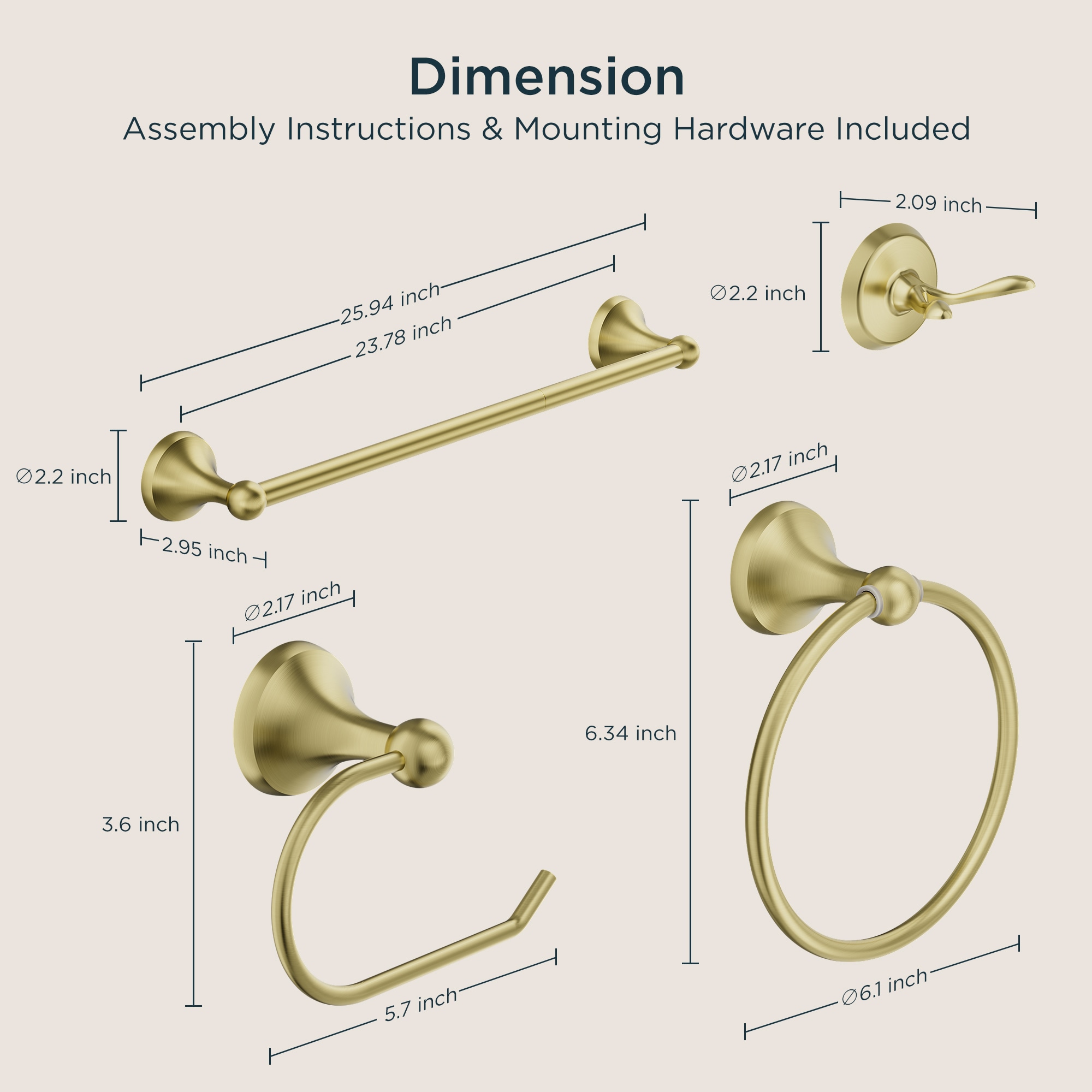 Juego de Accesorios de Baño Decorativos en Tono Dorado de 4 Piezas FORIOUS - Barra de Toallas, Porta Papel Higiénico, Argolla de Toalla y Gancho para Bata incluidos LL19102G4A